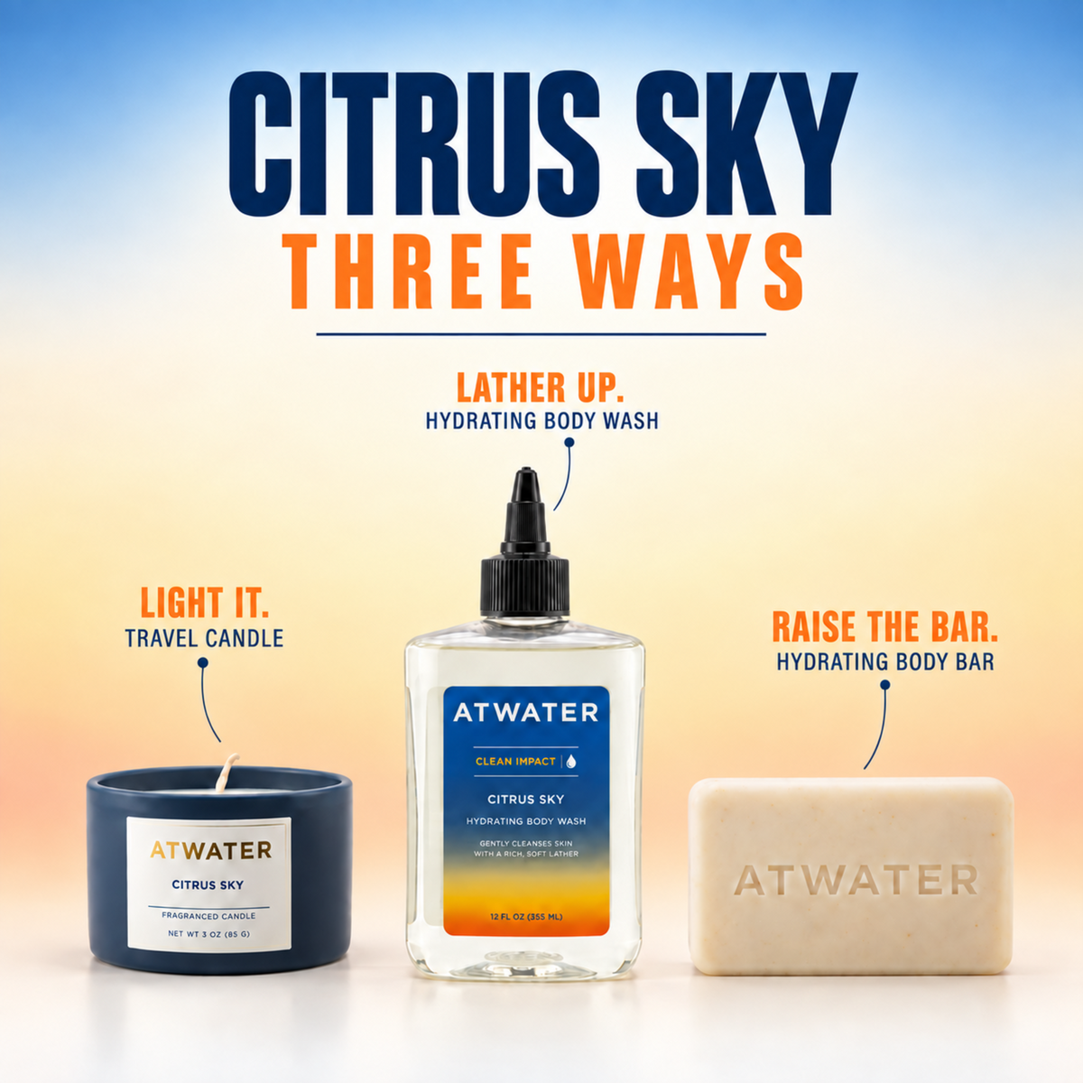 Three ATWater body/candle products arranged on a white surface against a blue-to-yellow gradient background. Text labels identify the set as Citrus Sky Three Ways, with a dark blue travel candle, a clear bottle of hydrating body wash, and a beige bar of body bar.