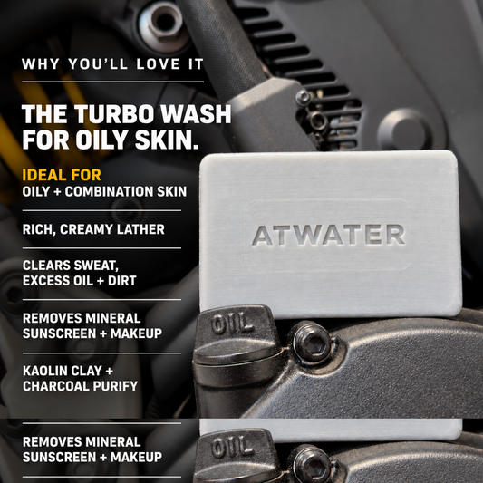ATWater Turbo Wash block shown in a close-up of an engine, with marketing text on the left describing benefits for oily skin and listing key functions like clearing sweat, excess oil, dirt, mineral sunscreen, and makeup.