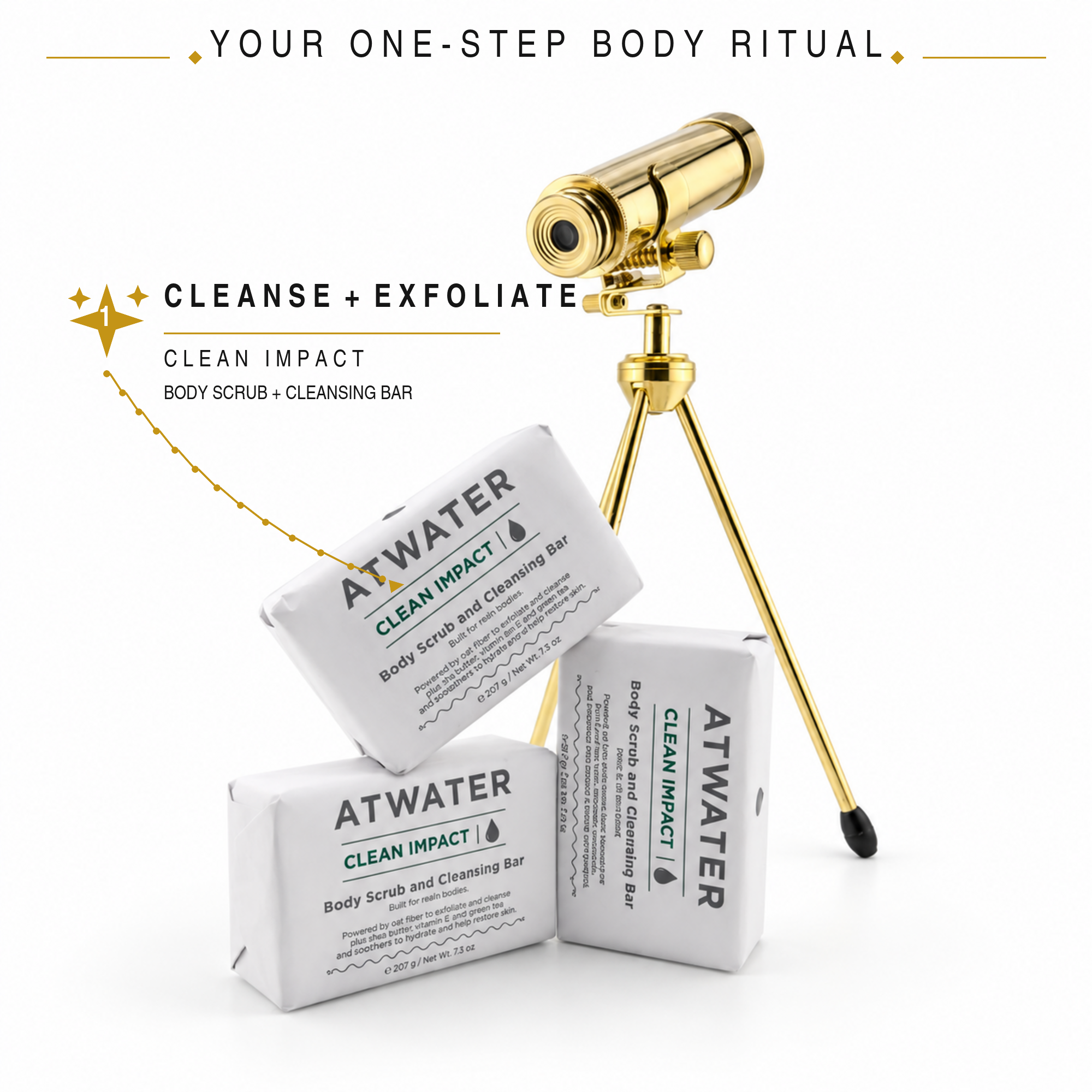 Three white ATWATER Clean Impact body scrub and cleansing bar packs arranged on a white background, with a gold telescope on a gold tripod and marketing text reading 'Your One-Step Body Ritual' and 'Cleanse + Exfoliate'.