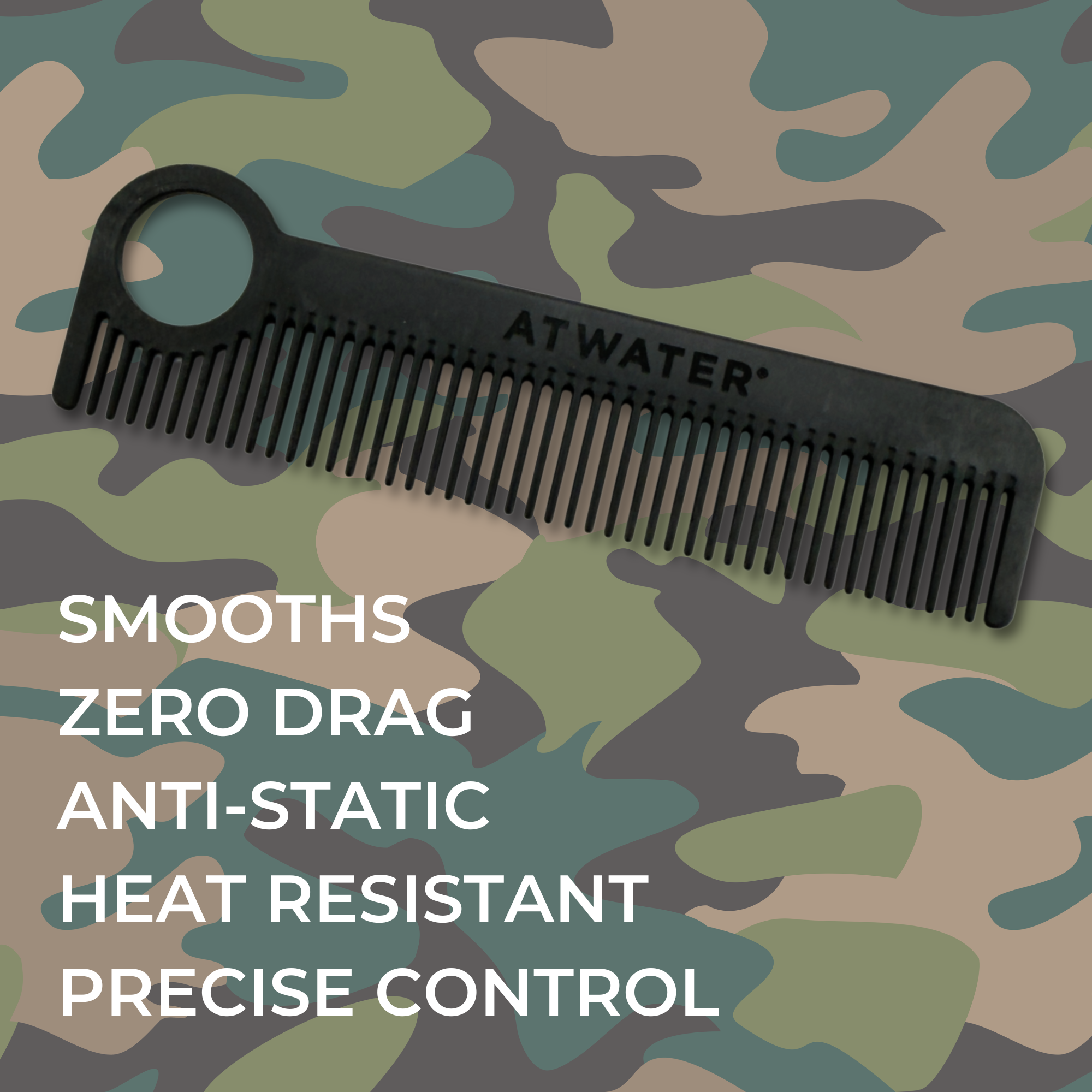 Black comb with 'Atwater' branding on a camouflage background