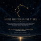 A promotional graphic for a shower body bar gift set, featuring a dark starry night sky with the Libra constellation and a mountain-and-water horizon. Gold text reads: 'A GIFT WRITTEN IN THE STARS' and describes the set as exfoliating body bars inspired by Aquarius, Water Bearer, and Clean Impact, with additional copy about smoother, cleaner, refreshed skin.