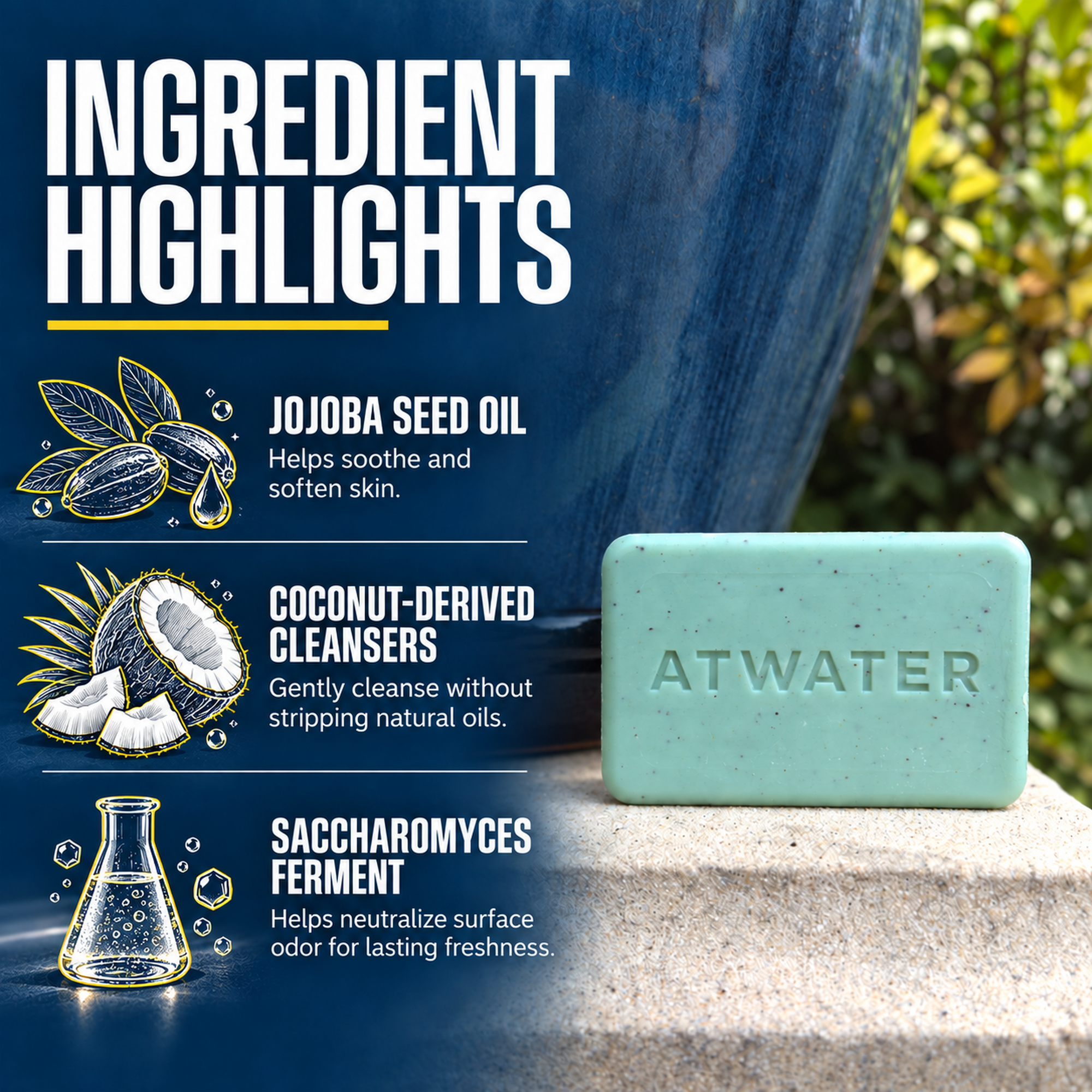 A bar of ATWATER cleanser soap in a light mint green speckled texture, resting on a stone surface next to a large dark blue ceramic pot. The left side features a graphic infographic titled 'INGREDIENT HIGHLIGHTS' detailing Jojoba Seed Oil, Coconut-Derived Cleansers, and Saccharomyces Ferment.