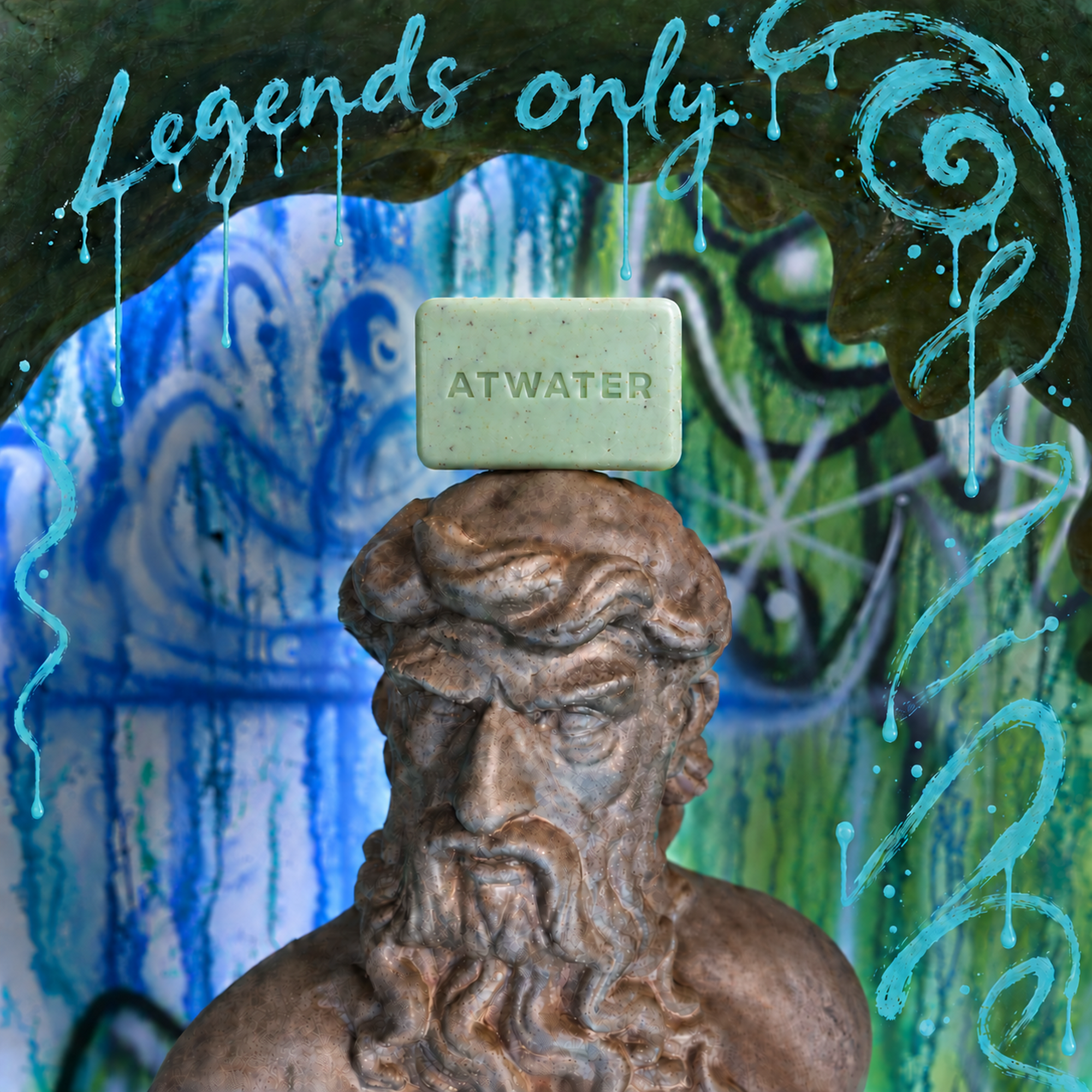 A rectangular pale green soap bar embossed with the word 'ATWATER' sits balanced on the forehead of a bronze statue of an old bearded man. The background is a colorful, graffiti-style mural with blue, green, and black paint drips and swirls, framed by the text 'Legends only.
