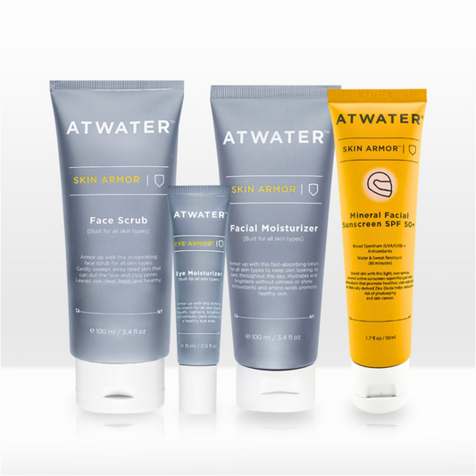 Set of Atwater skincare products including Face Scrub, Eye Moisturizer, Facial Moisturizer, and Mineral Facial Sunscreen on a white background.