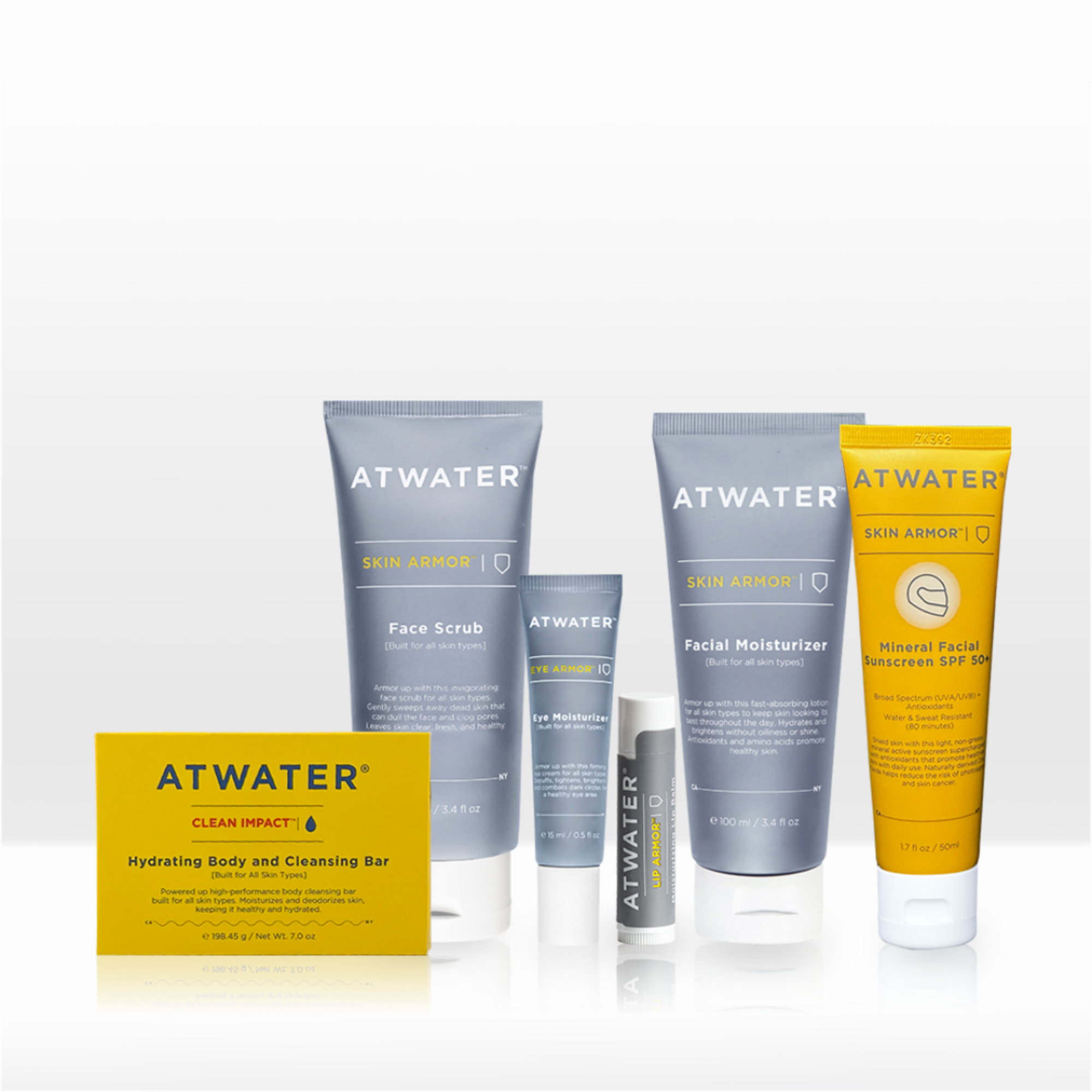 Atwater skincare products including face scrub, facial moisturizer, and sunscreen on a white background