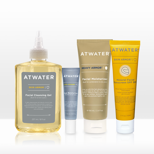 Collection of Atwater skincare products including a bottle and three tubes on a white background