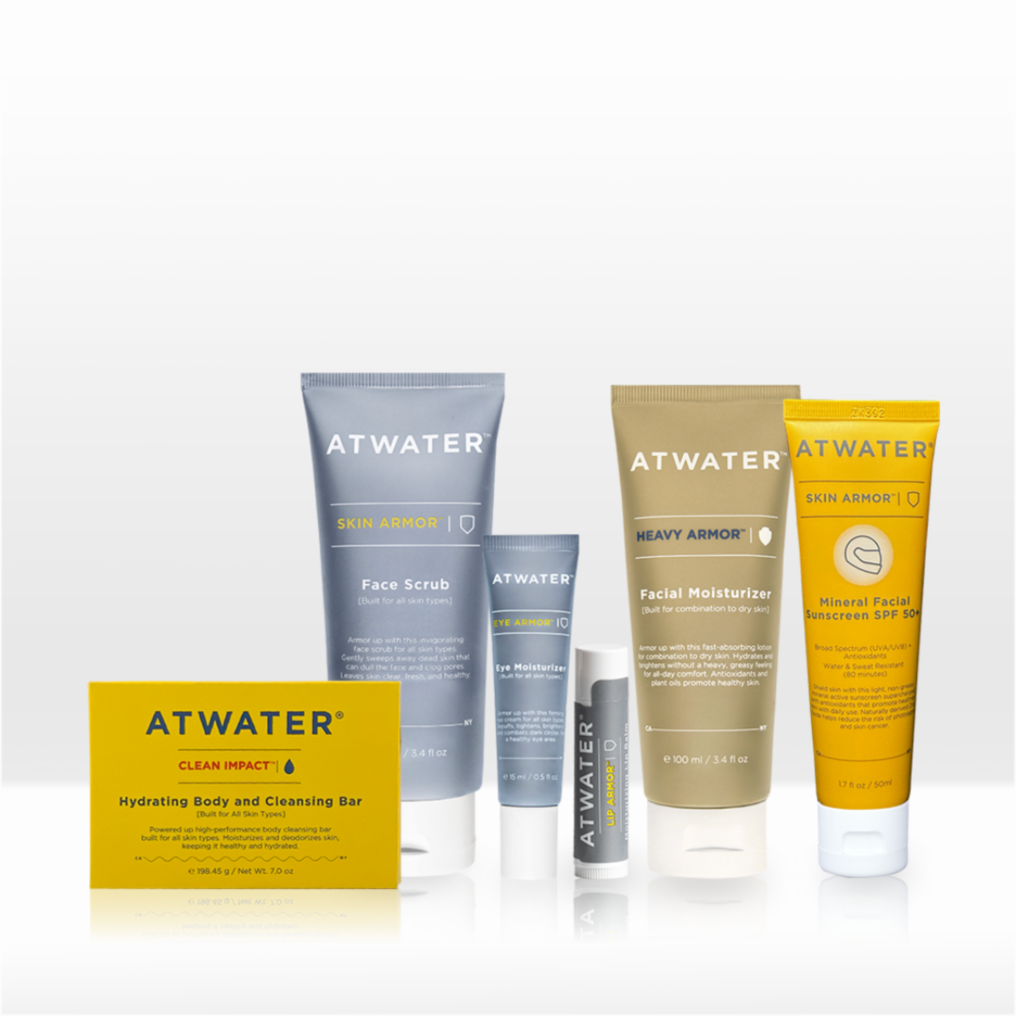 Collection of Atwater skincare products including face scrub, facial moisturizer, and sunscreen on a white background.