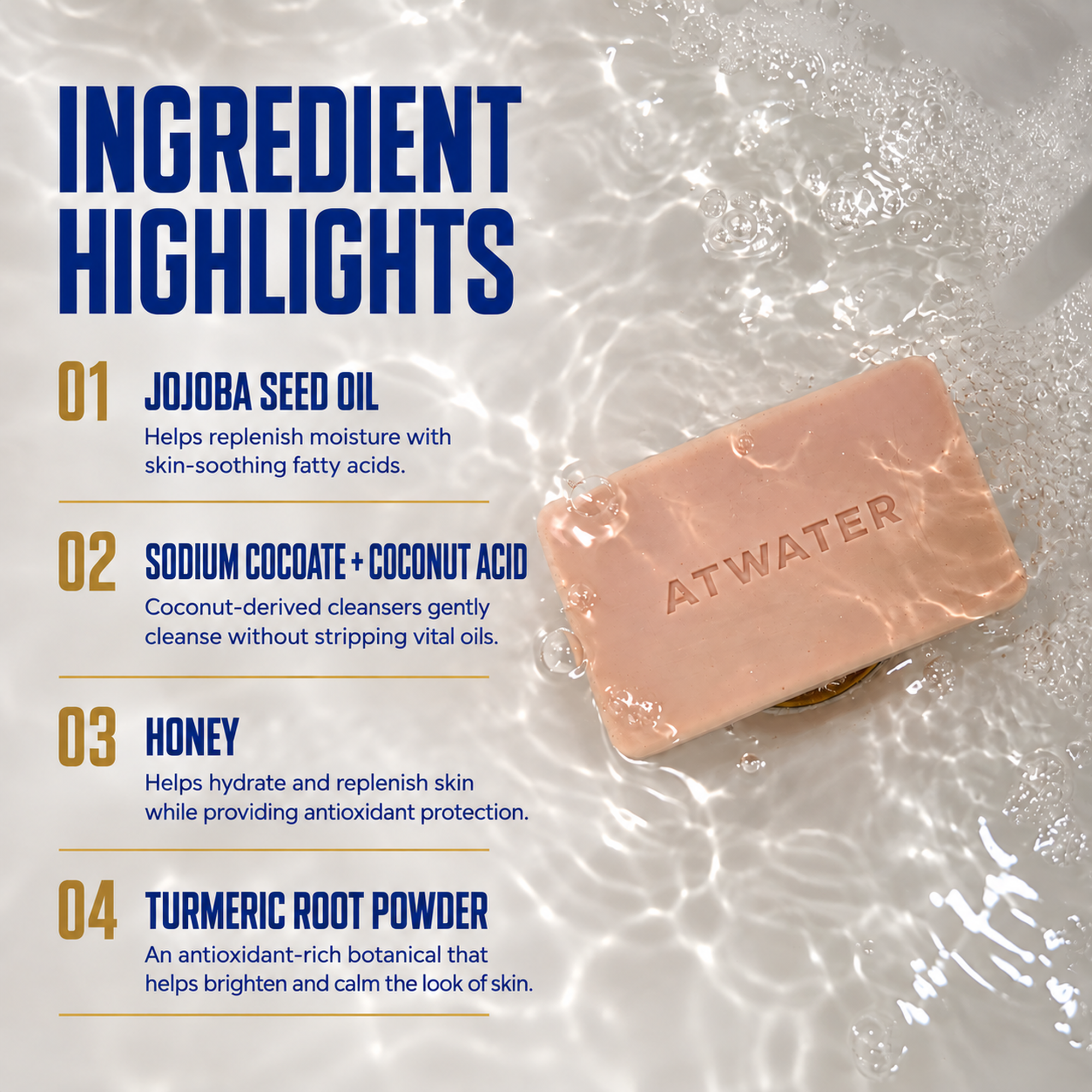 Ingredient highlights graphic for an ATWATER soap bar, showing a peach-colored soap bar labeled 'ATWATER' floating in soapy water. Text lists four key ingredients: jojoba seed oil, sodium cocoate + coconut acid, honey, and turmeric root powder.