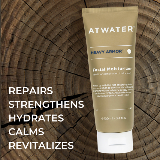 ATWATER Heavy Armor Facial Moisturizer tube on a wooden background