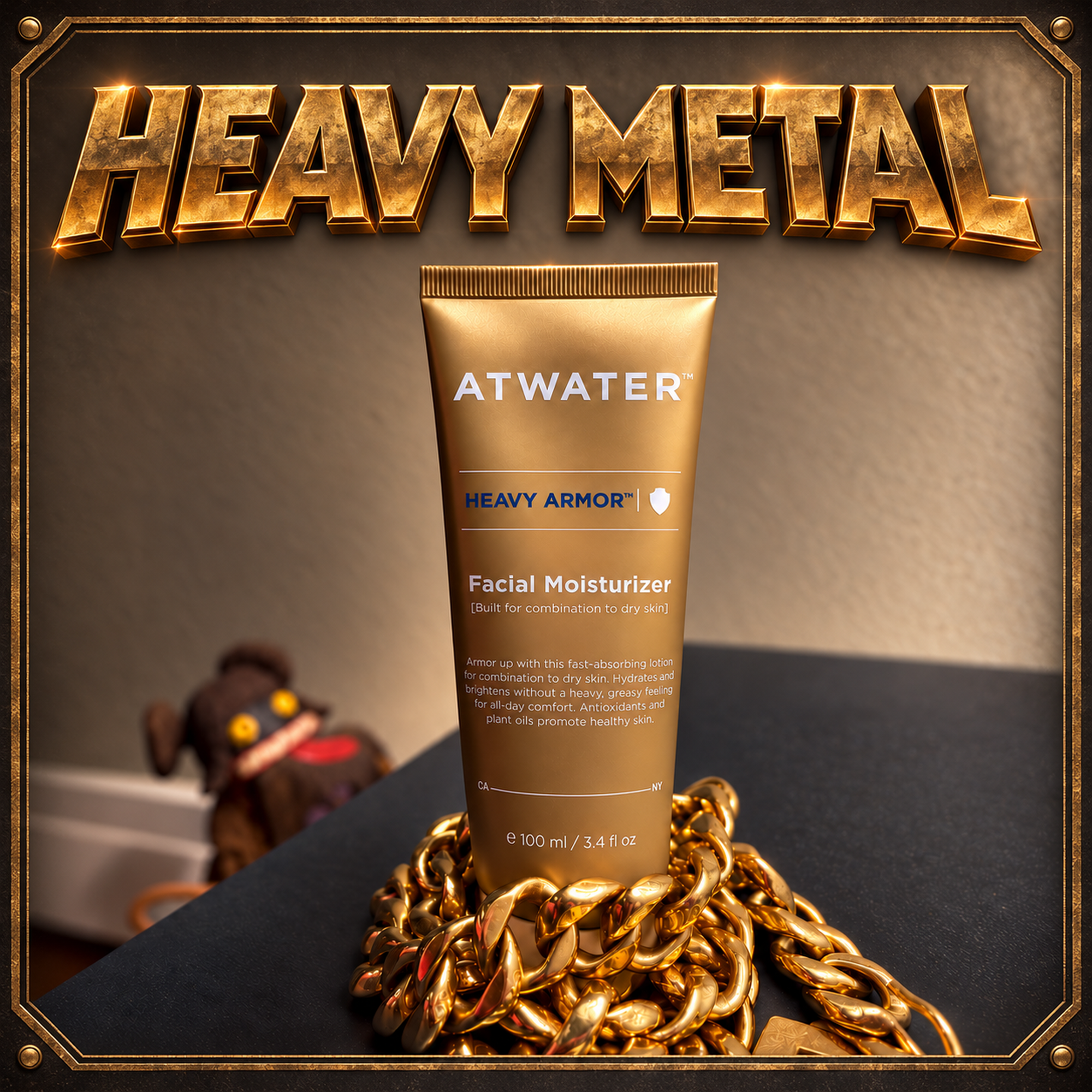 A tube of ATWATER Heavy Armor Facial Moisturizer is centered on a dark surface, surrounded by a gold chain and set against a textured gray background with a large gold 'HEAVY METAL' text graphic at the top.