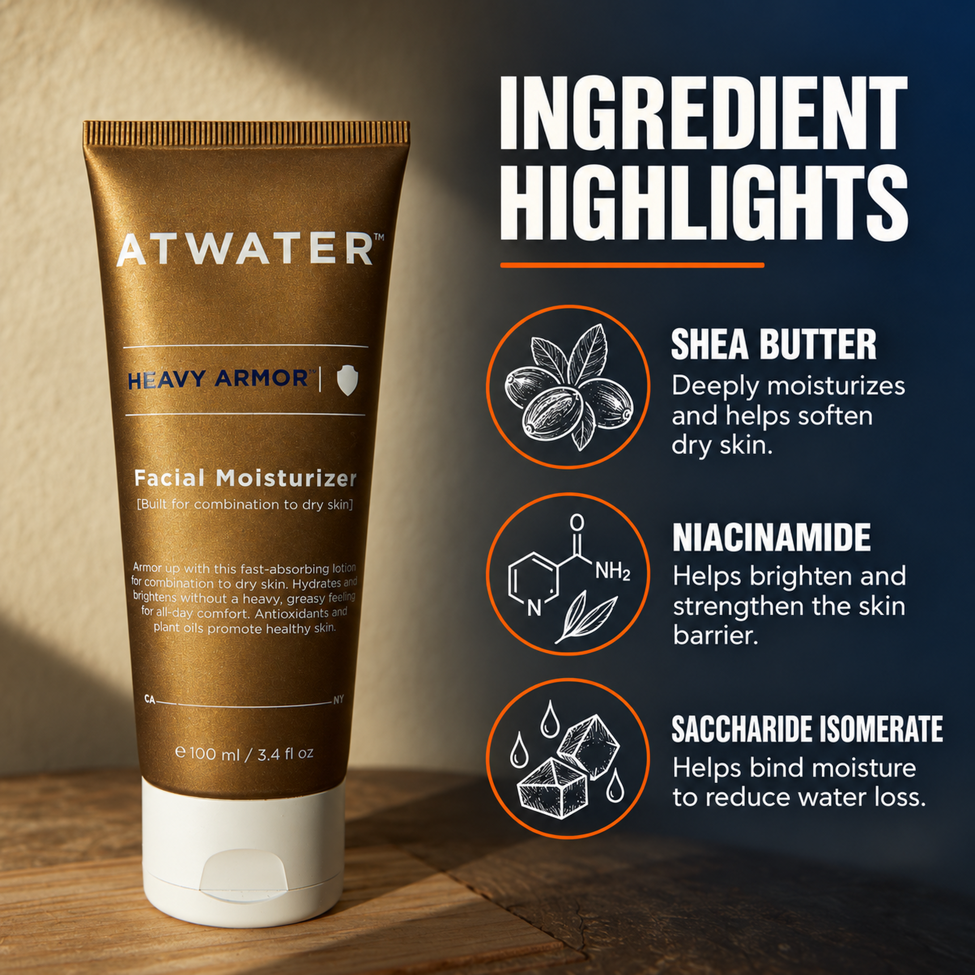 A tube of ATWATER Heavy Armor Facial Moisturizer stands on a wooden surface against a dark gradient background with text callouts about shea butter, niacinamide, and saccharide isomerate ingredients.