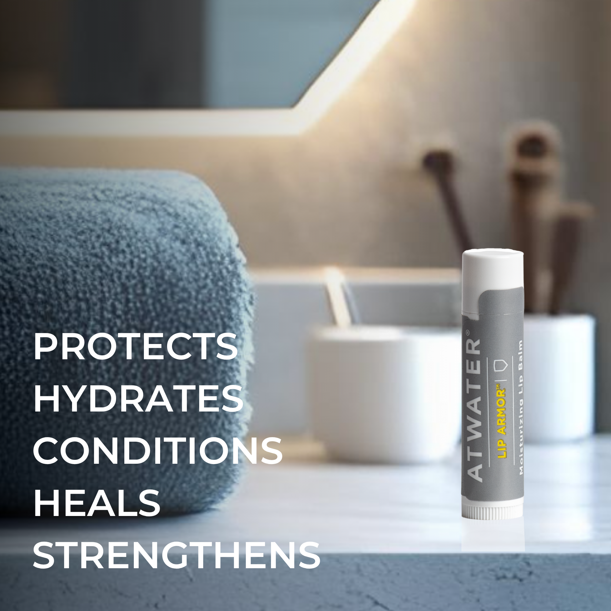 Atwater lip balm on a table with text about its benefits