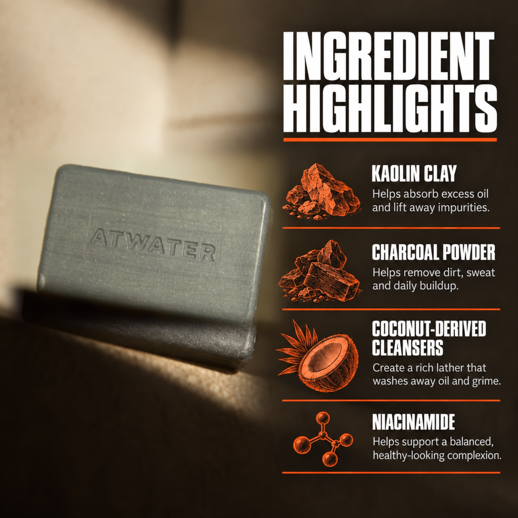 A dark charcoal-gray ATWATER cleansing bar soap bar on a dark textured background, next to a text graphic titled 'INGREDIENT HIGHLIGHTS' listing Kaolin Clay, Charcoal Powder, Coconut-Derived Cleansers, and Niacinamide.