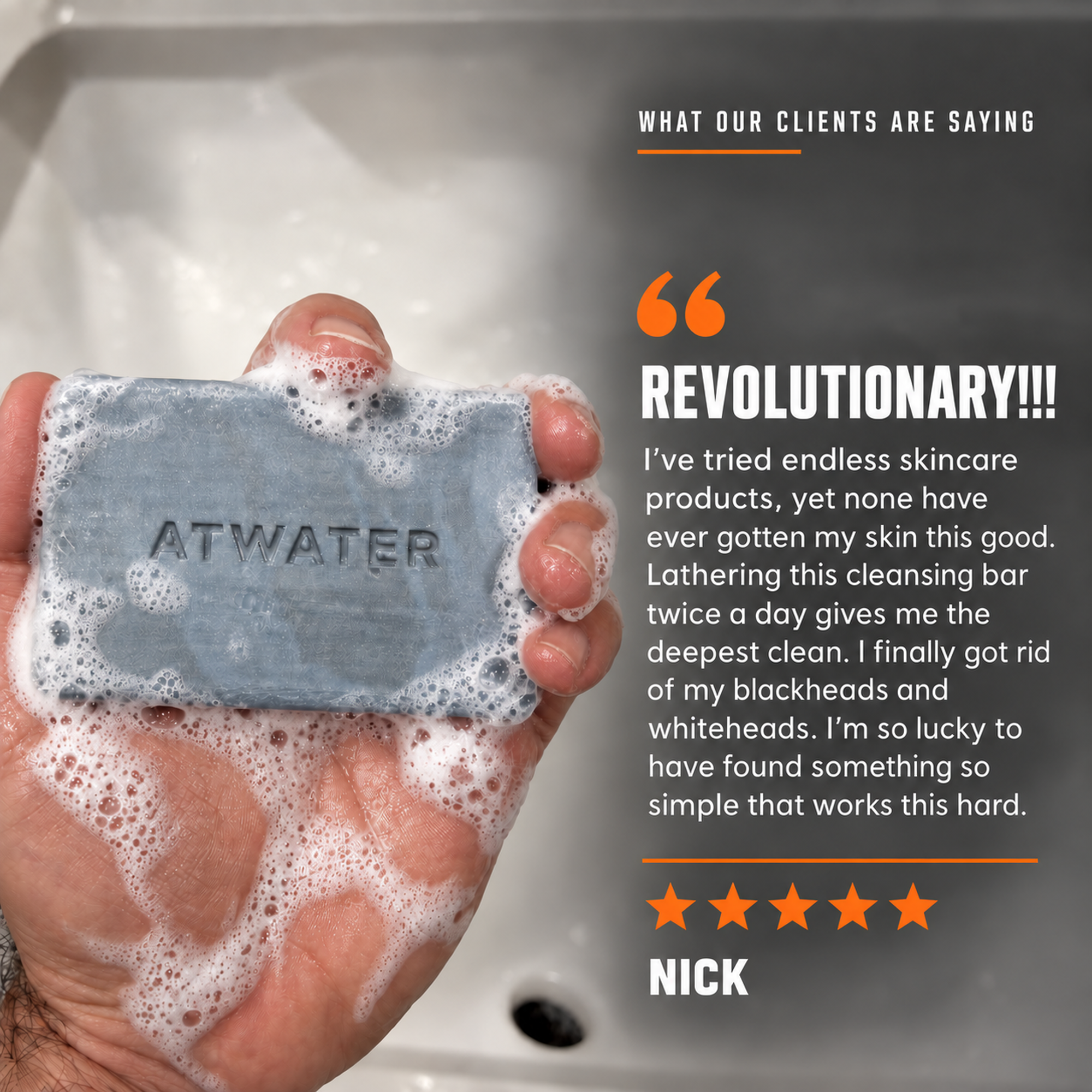A hand holding a lathered ATWATER cleansing bar soap over a sink, with a large customer review overlay on the right side.