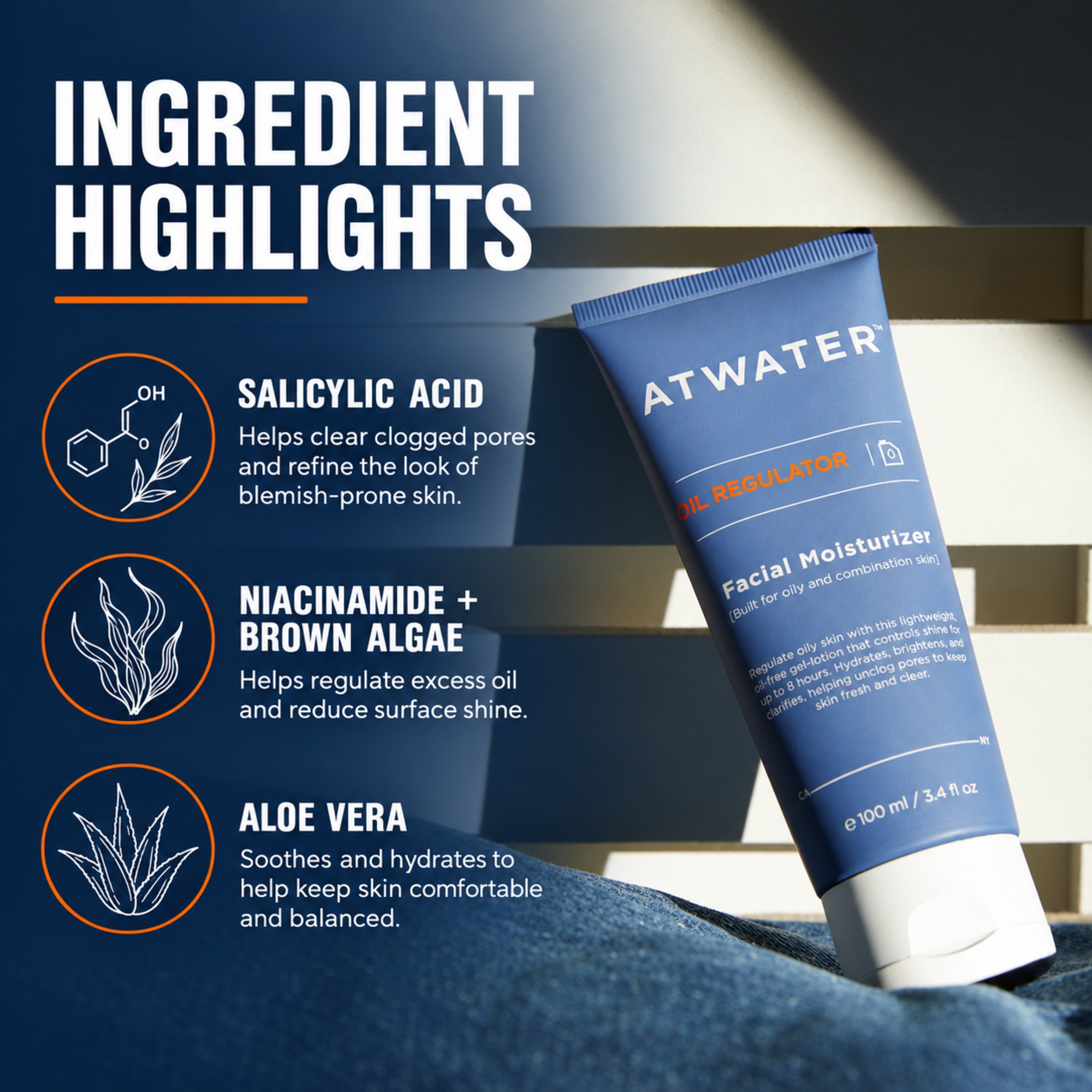 A blue tube of ATWATER Facial Moisturizer is shown on a dark blue graphic background with text highlighting ingredients like salicylic acid, niacinamide + brown algae, and aloe vera.