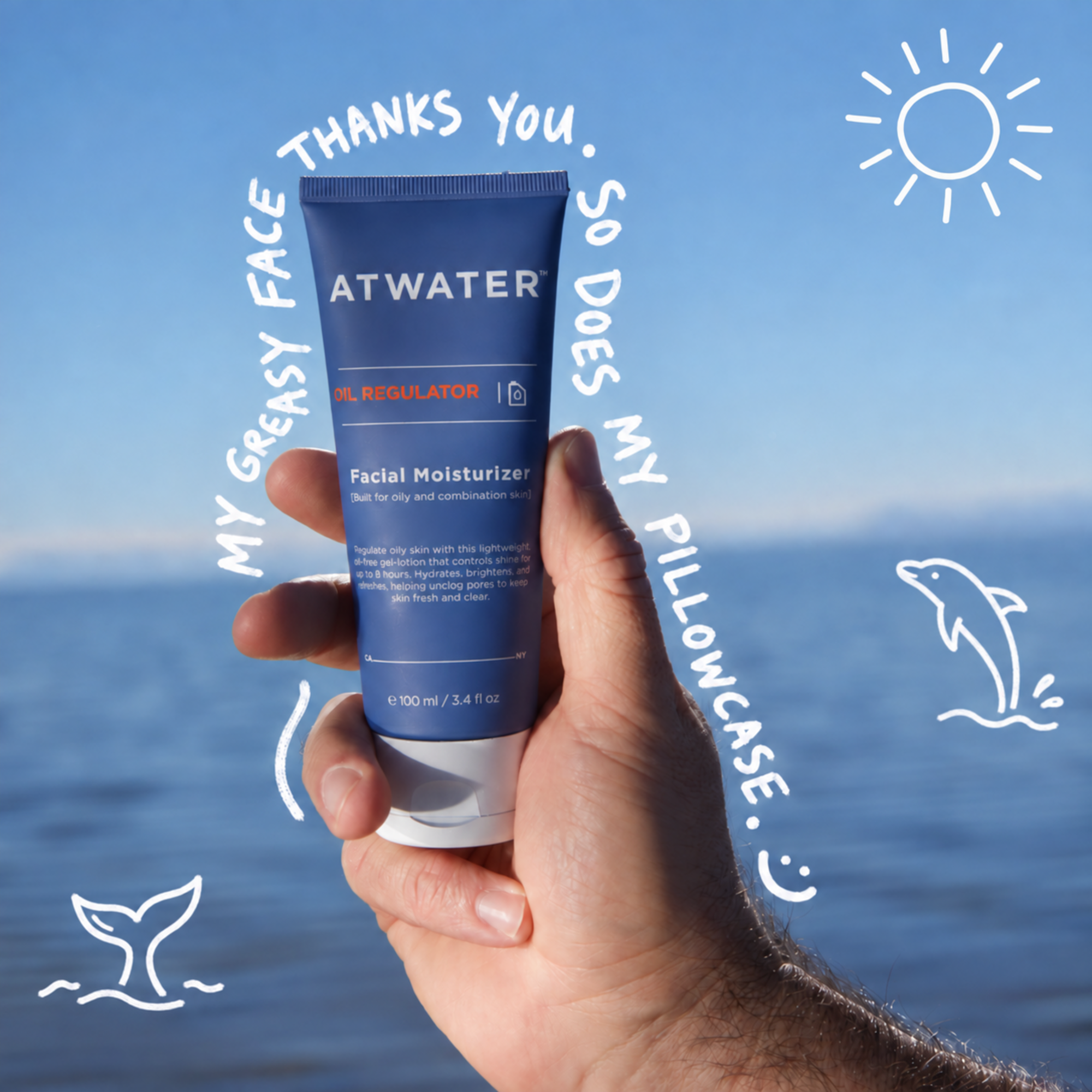 A hand holds a tube of ATWATER Facial Moisturizer against a blue ocean background. White hand-drawn doodles and text overlay say 'MY GENSY FACE THANKS YOU.