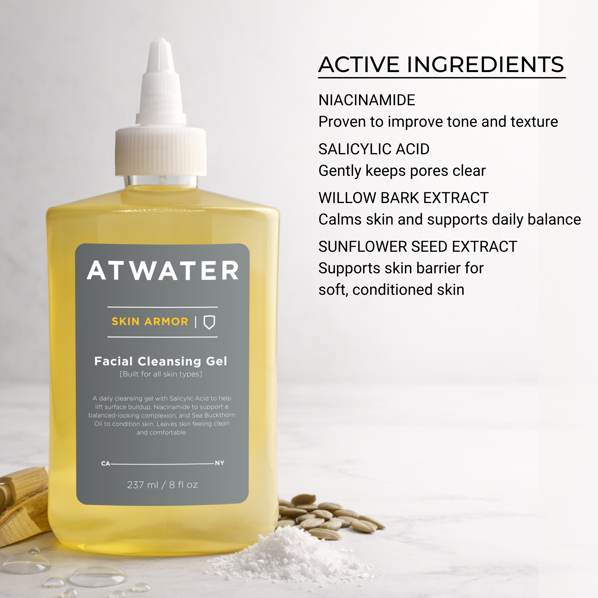 Atwater Skin Armor facial cleansing gel with active ingredients listed on a light gray background