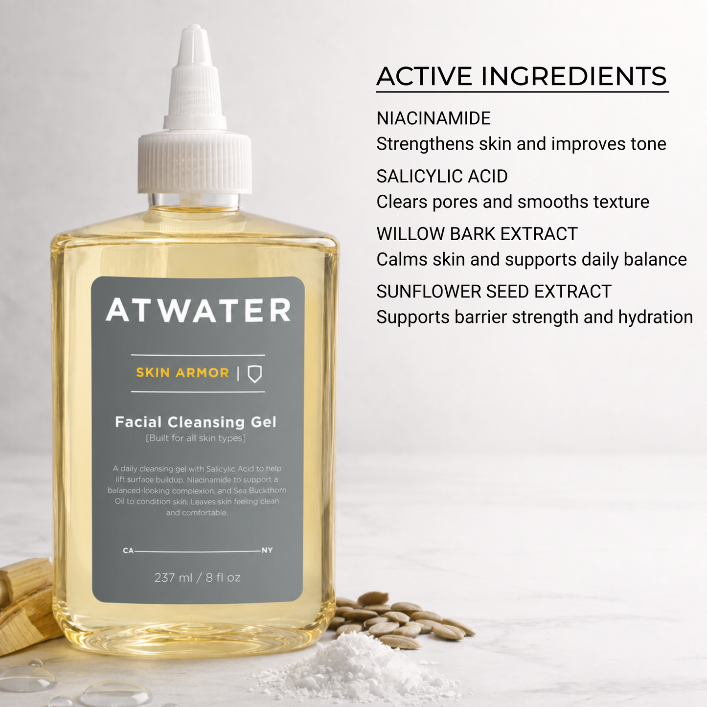 Atwater Skin Armor facial cleansing gel with active ingredients listed on a light gray background