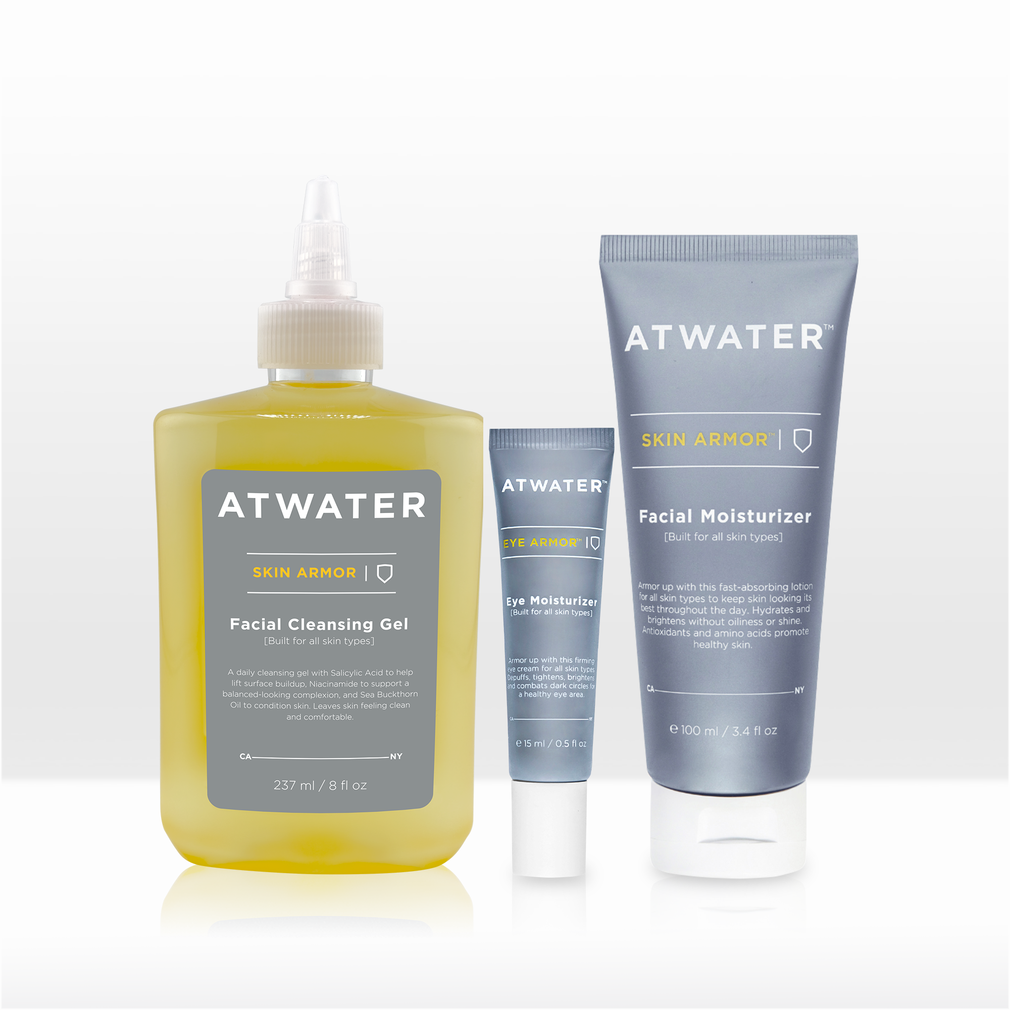Atwater skincare products including a bottle of facial cleansing gel and two tubes of moisturizer on a white background.