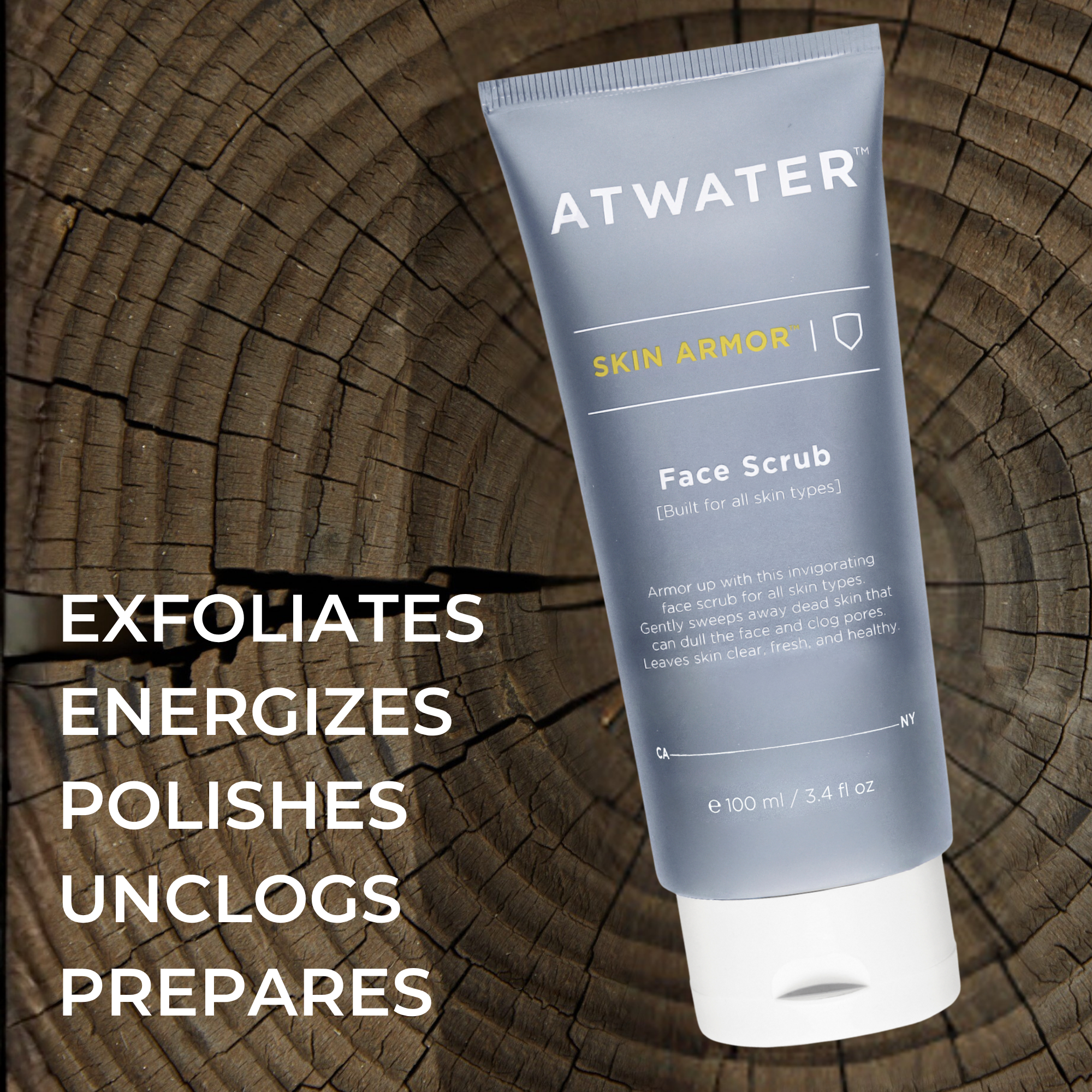 Atwater Skin Armor Face Scrub tube on a wooden background with benefits listed