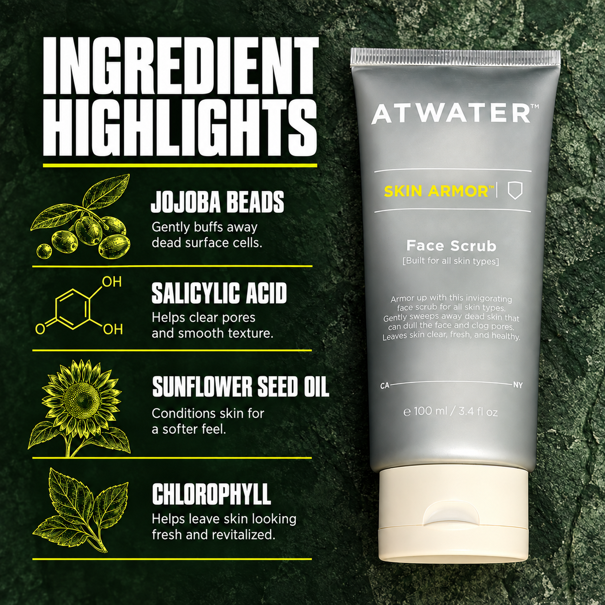 A 100 ml tube of ATWATER Skin Arrow Face Scrub shown on a dark textured background with graphic ingredient callouts: jojoba beads, salicylic acid, sunflower seed oil, and chlorophyll.