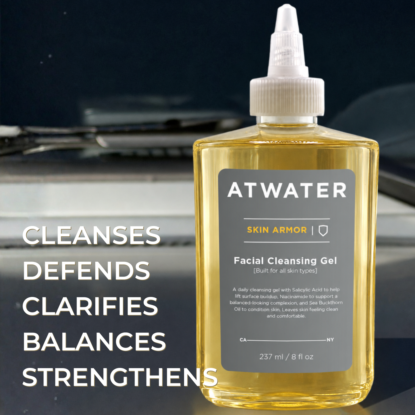 Yellow bottle of Atwater Skin Armor Facial Cleansing Gel with text on a dark background