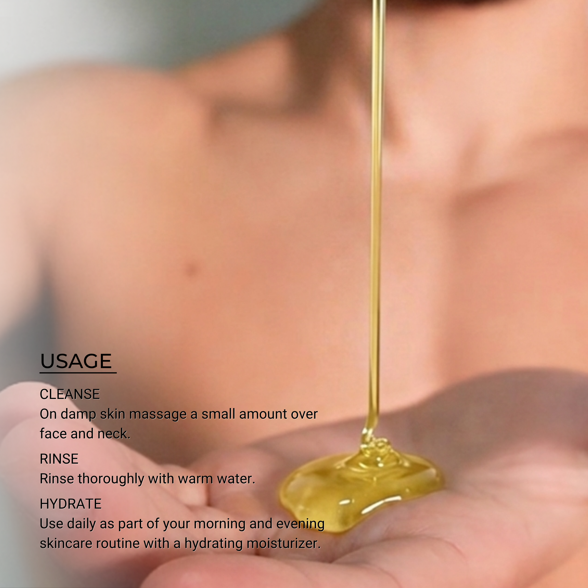 Hand holding a dropper with yellow liquid over skin, with usage instructions displayed.