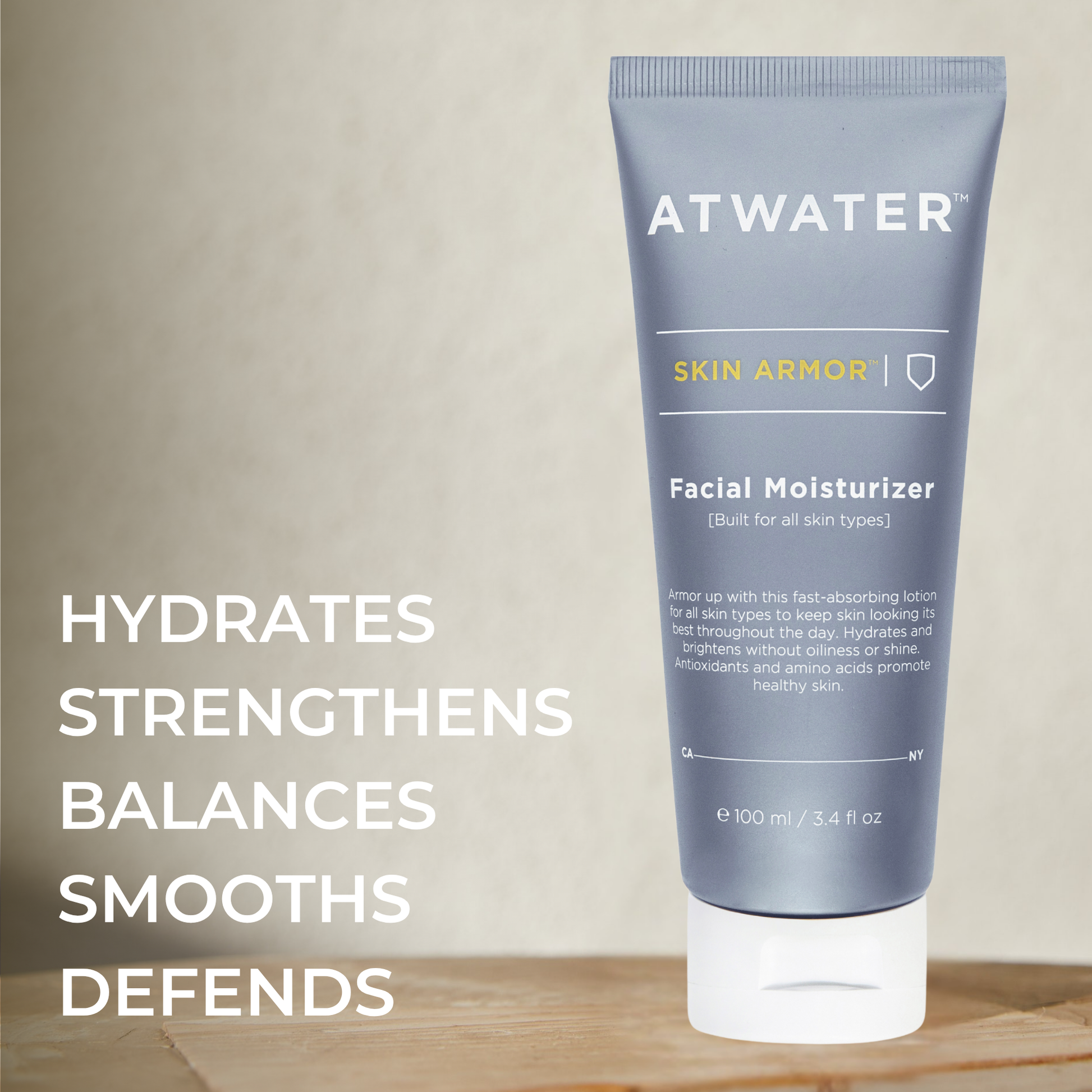 Atwater Skin Armor Facial Moisturizer tube on a wooden surface with text highlighting benefits.
