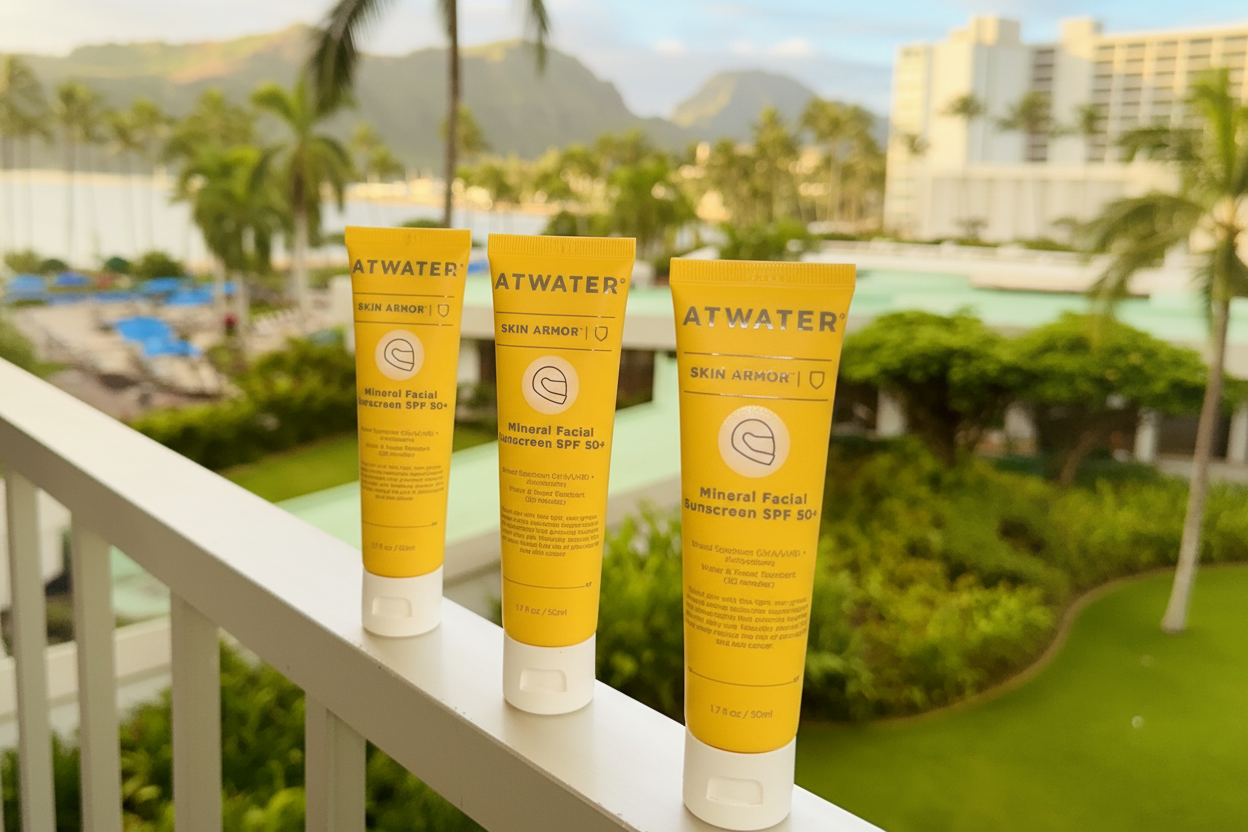 Three tubes of Atwater Skin Armor sunscreen on a ledge with a scenic background.