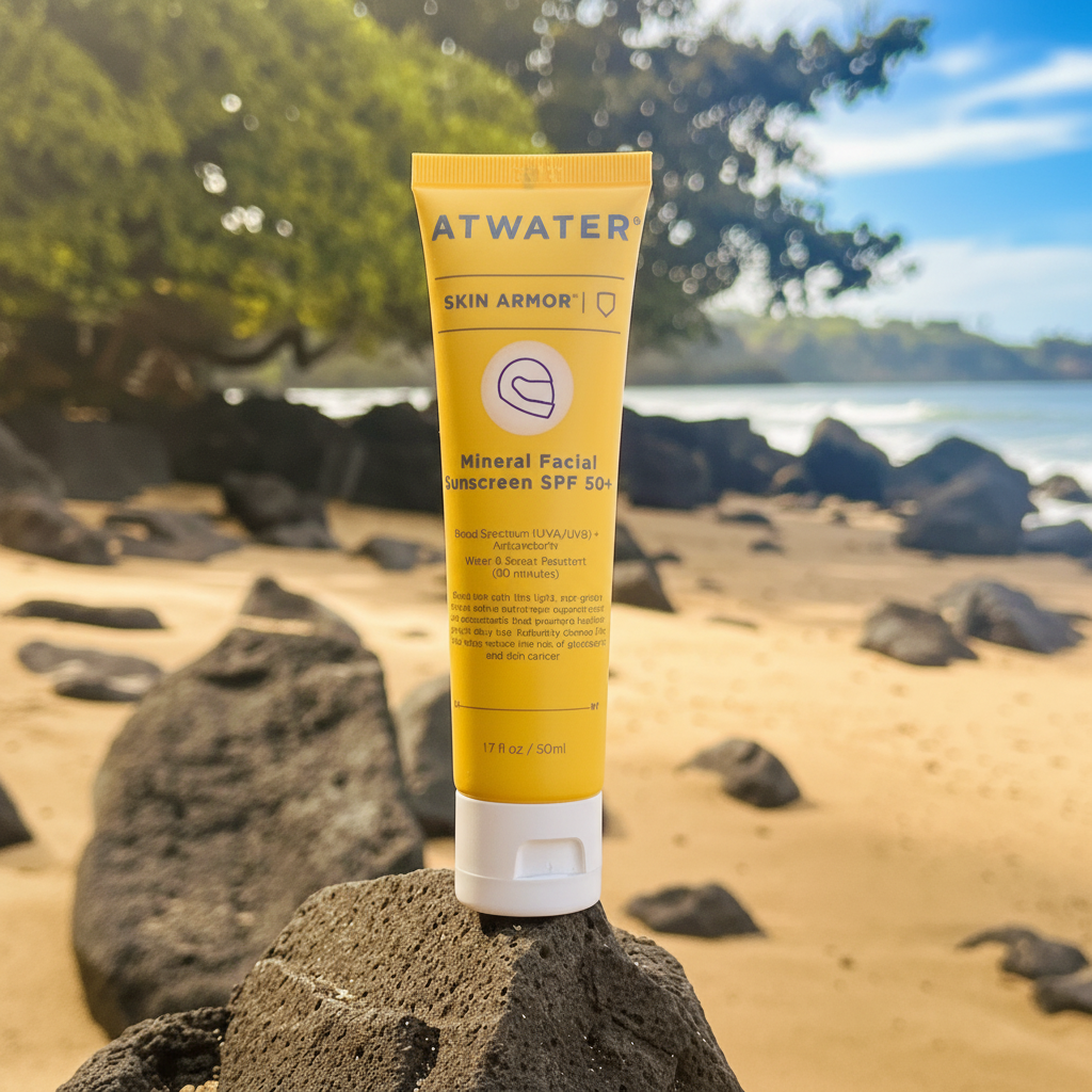 Tube of Atwater Skin Armor sunscreen on a rock with a beach background