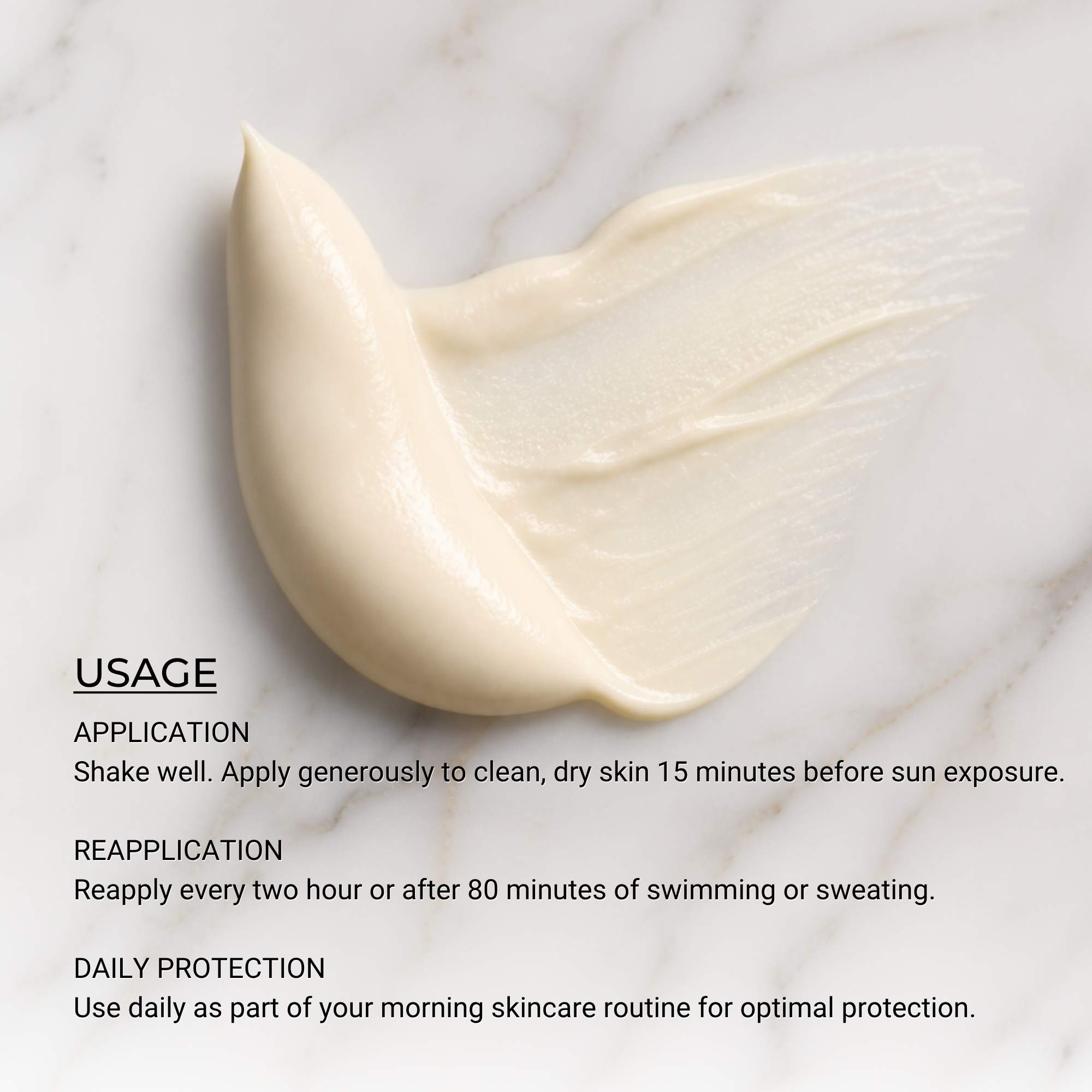 Cream swatch on a marble surface with usage instructions text.