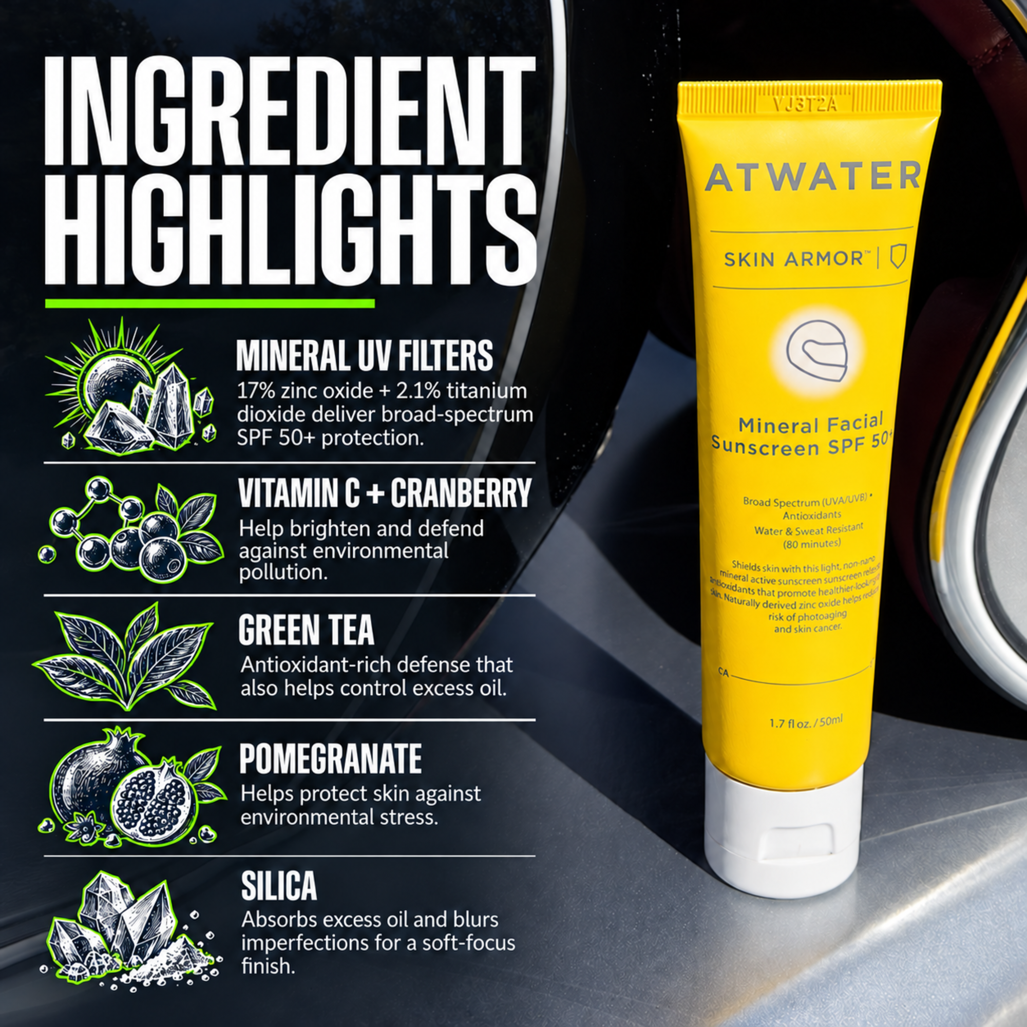 A yellow tube of ATWATER Mineral Facial Sunscreen SPF 97 is shown on a dark graphic background with text highlighting ingredients like mineral filters, vitamin C + cranberry, green tea, pomegranate, and silica.