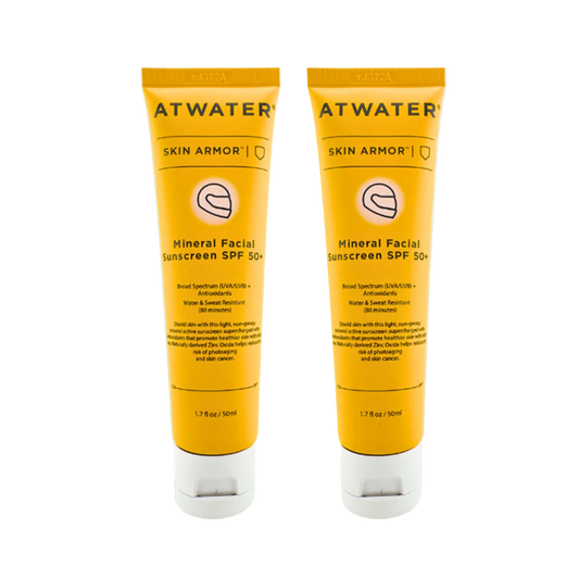 Two yellow tubes of Atwater Skin Armor Mineral Facial Sunscreen SPF 50 on a white background