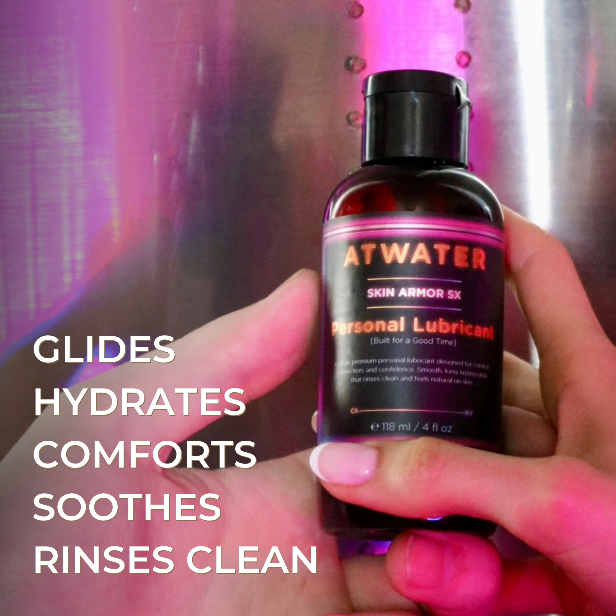Hand holding a bottle of 'ATWATER' personal lubricant with product features listed.