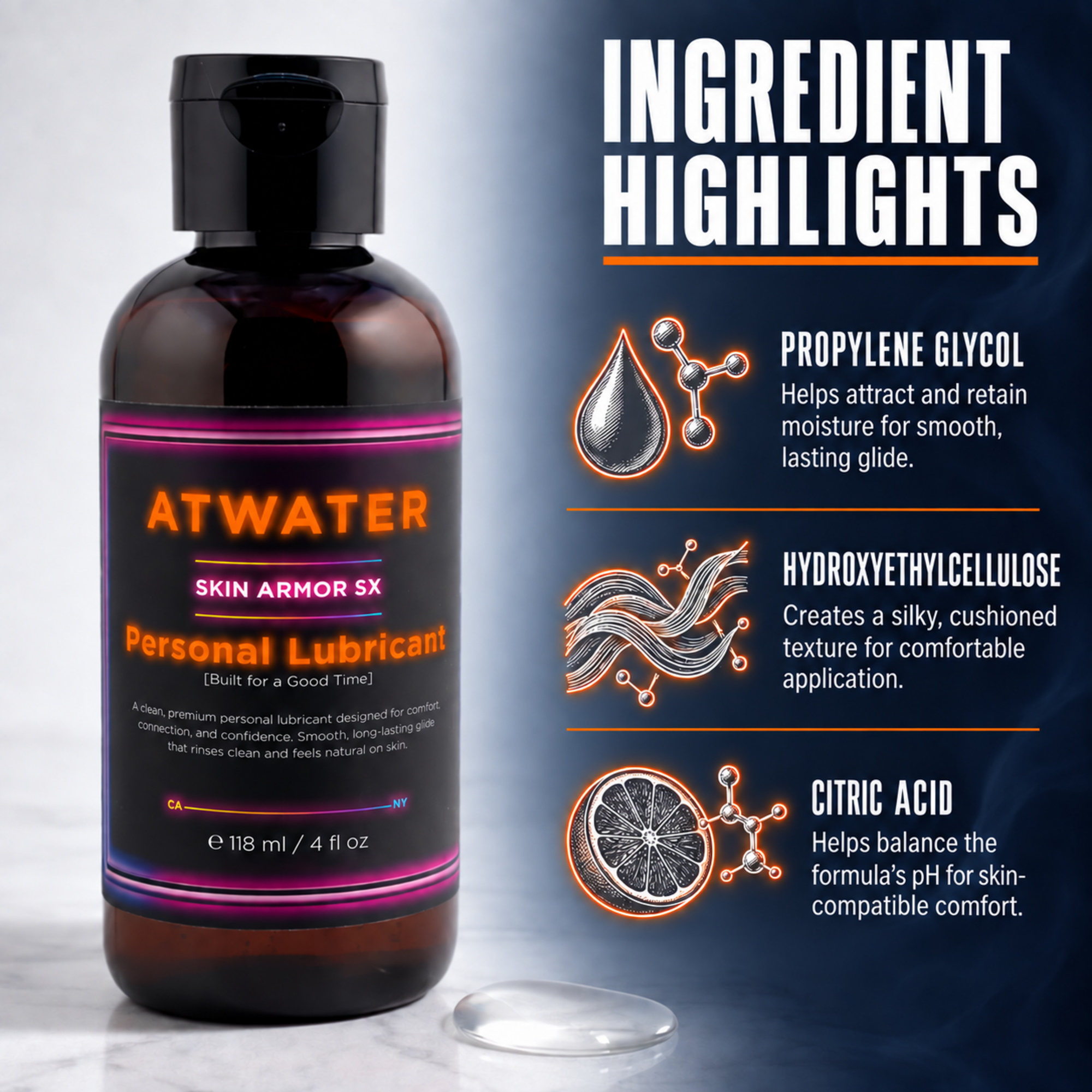 A bottle of ATwater Skin Armor 5X personal lubricant shown next to a clear droplet of the product, with a graphic panel highlighting key ingredients like propylene glycol, hydroxyethylcellulose, and citric acid.
