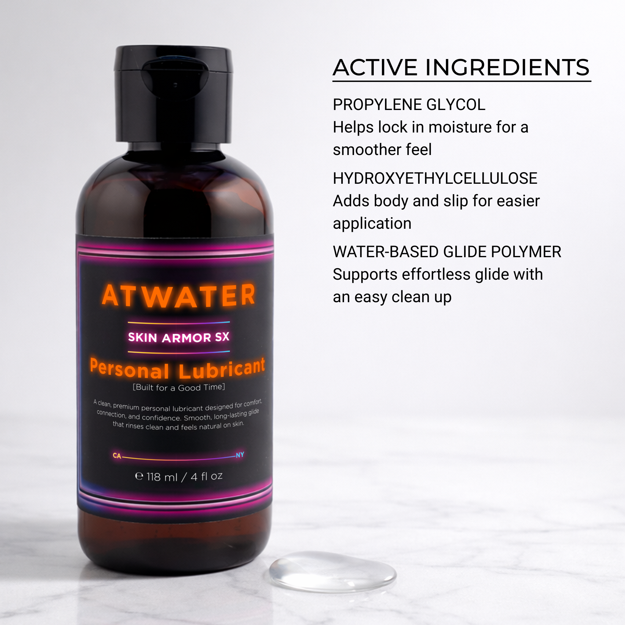 Atwater Skin Armor SX personal lubricant bottle with active ingredients listed on a white background