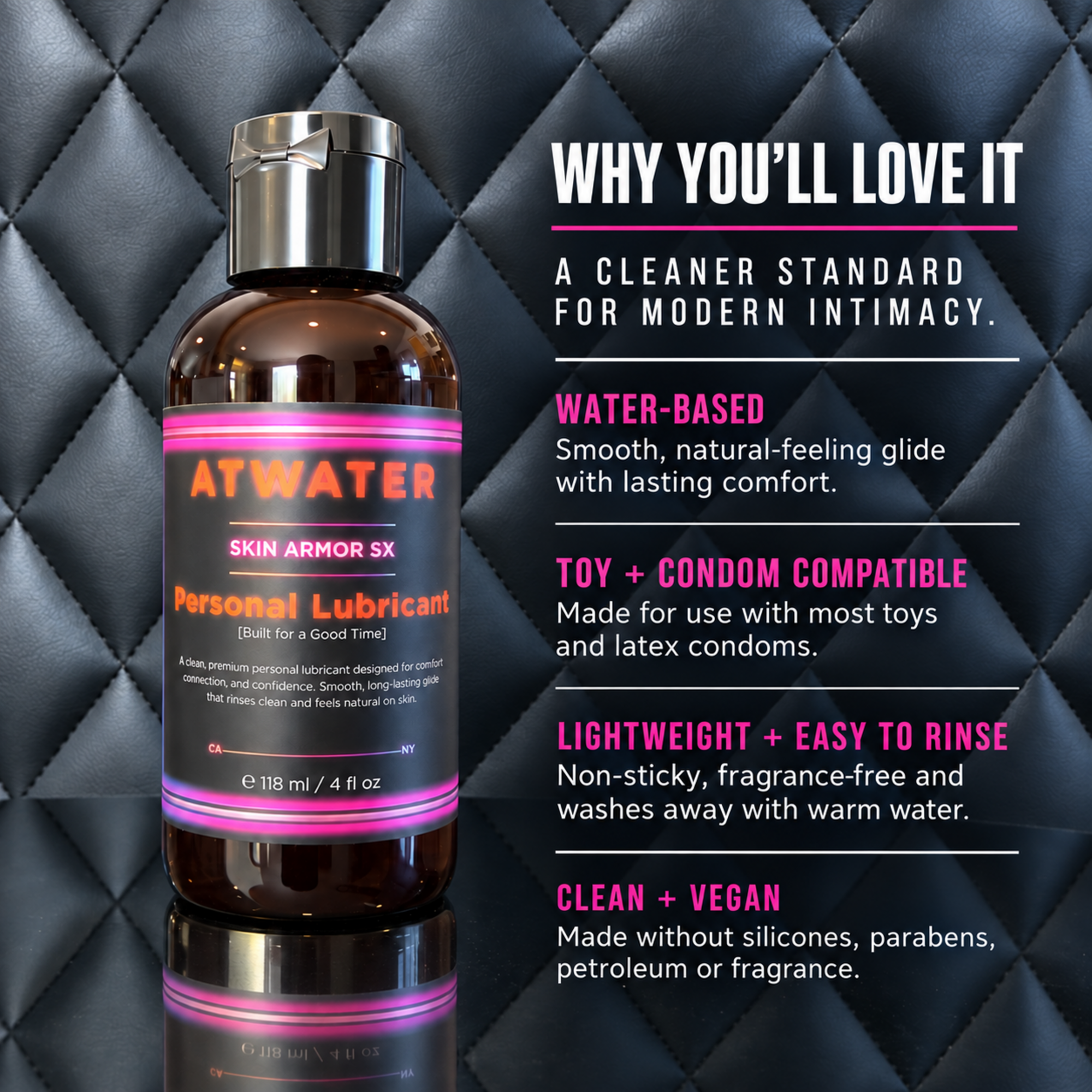 A bottle of ATWATER Skin Armor 5X personal lubricant displayed on a black quilted leather background next to marketing text highlighting its water-based, toy and condom compatible, lightweight, and clean formula.