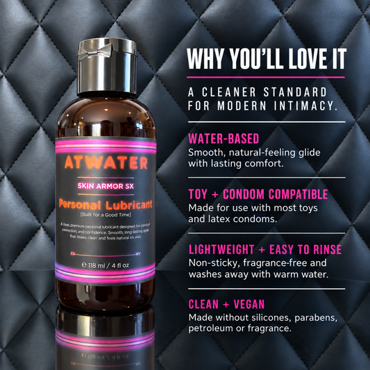 A bottle of ATWATER Skin Armor 5X personal lubricant displayed on a black quilted leather background next to marketing text highlighting its water-based, toy and condom compatible, lightweight, and clean formula.