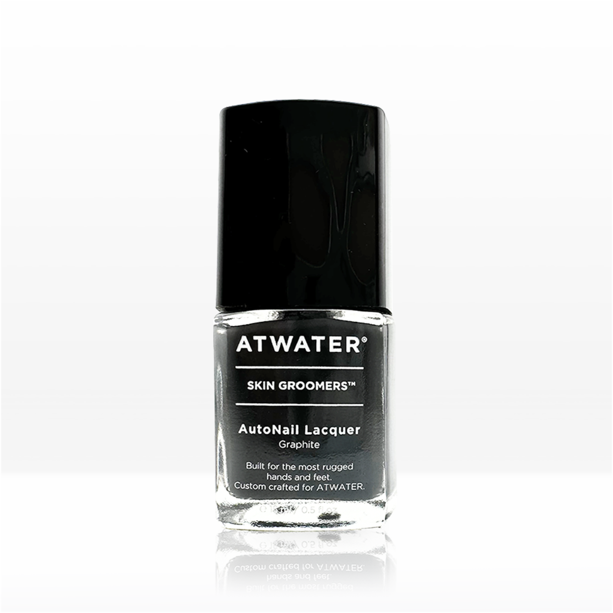 Dark Grey Atwater AutoNail Lacquer bottle with a black cap on a white background