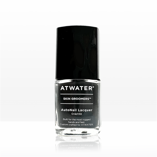 Dark Grey Atwater AutoNail Lacquer bottle with a black cap on a white background