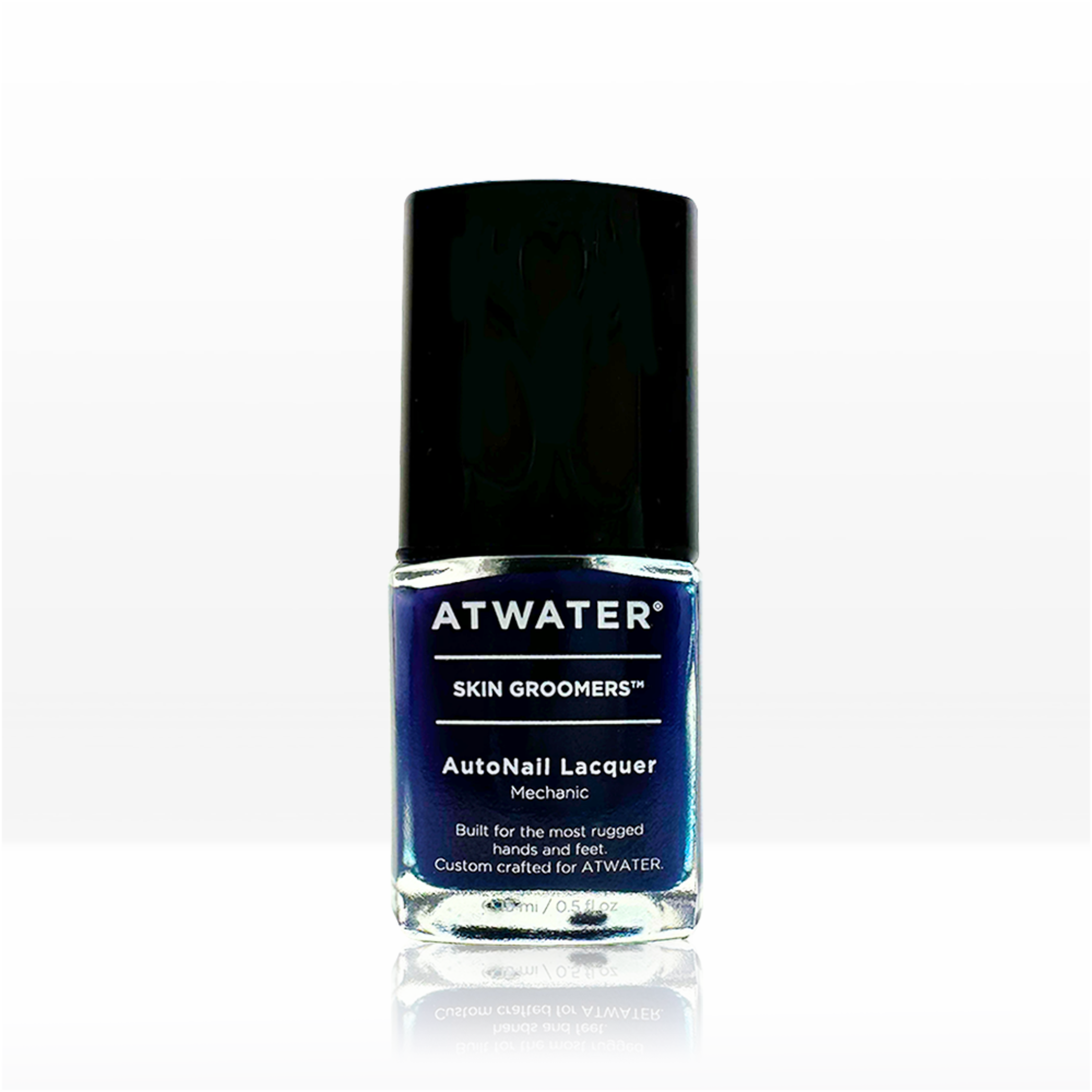 Navy Blue ATWATER nail polish bottle with black cap on a white background