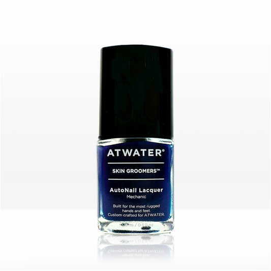 Navy Blue ATWATER nail polish bottle with black cap on a white background
