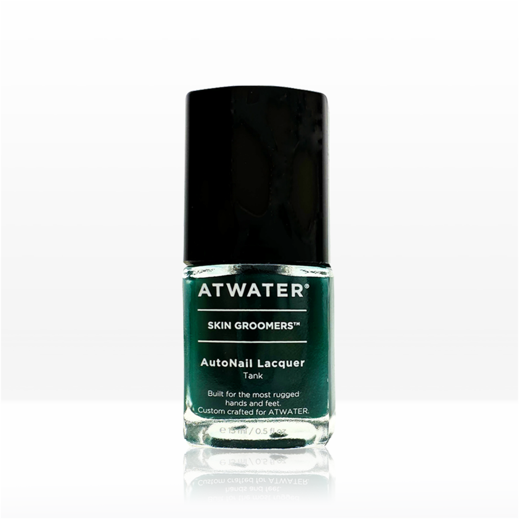 Green nail polish bottle with black cap on a white background