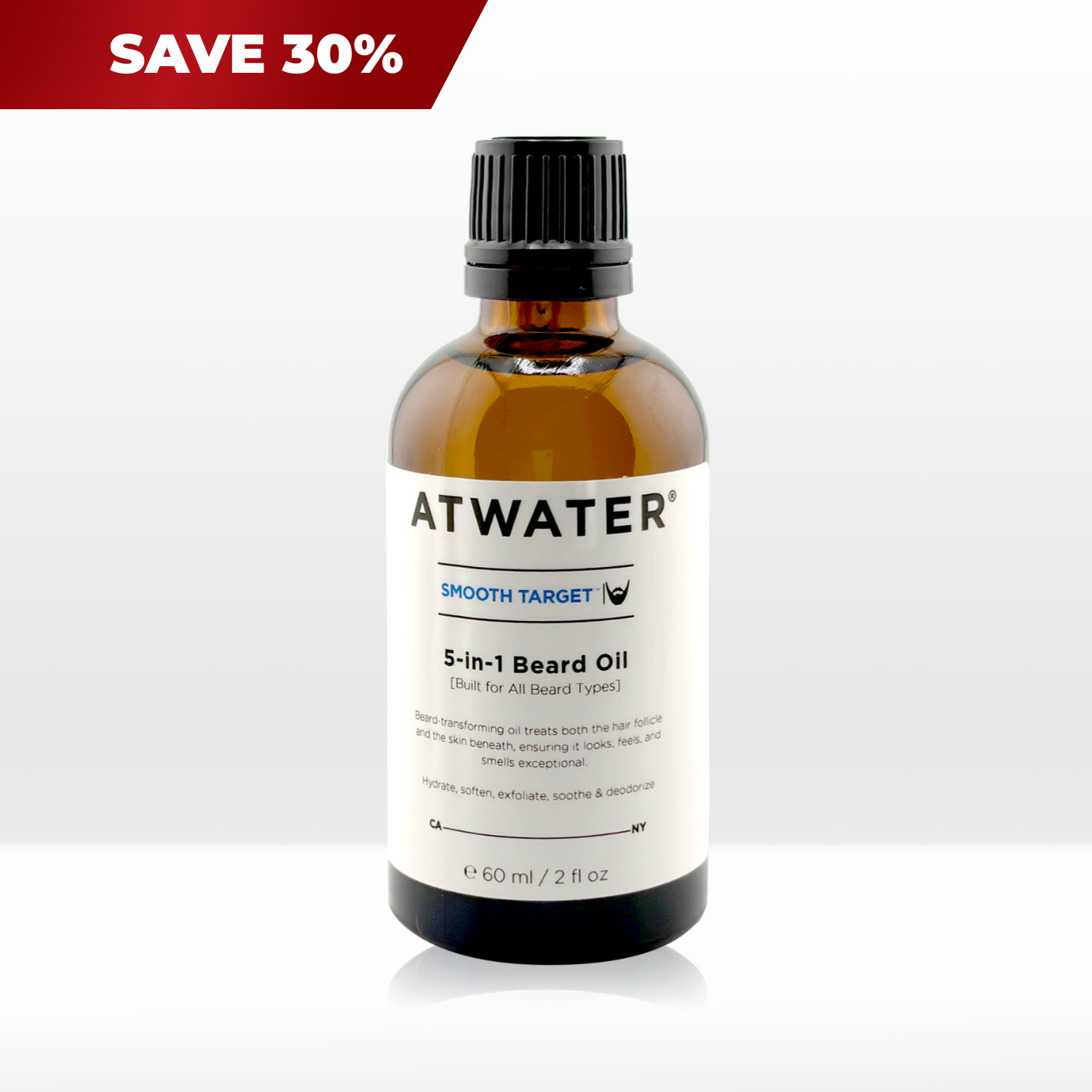 Atwater 5-in-1 Beard Oil bottle with a discount banner on a white background