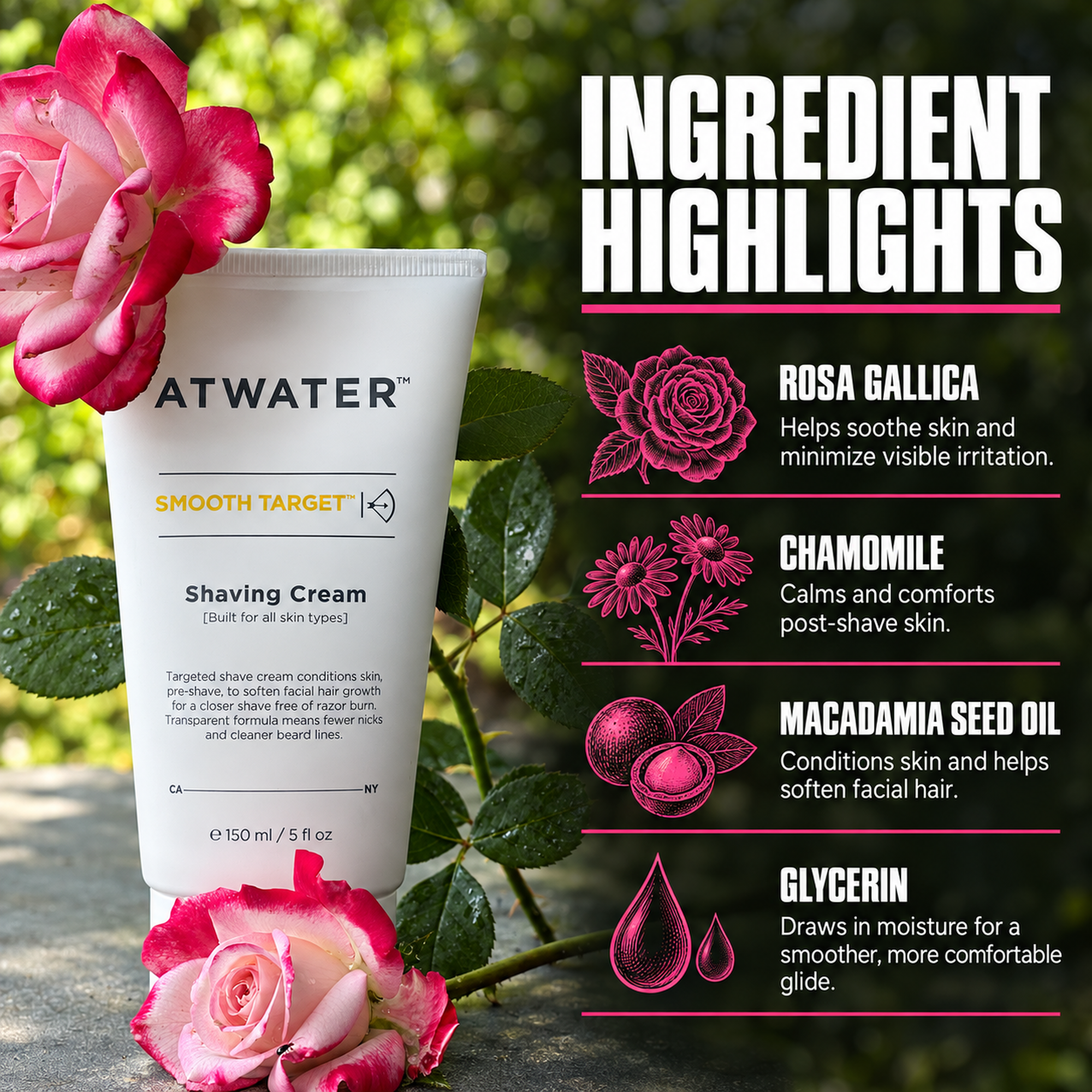 ATWATER Smoother Target Shaving Cream tube shown in a styled promotional graphic with pink roses, green leaves, and an ingredient highlights panel listing Rosa Gallica, Chamomile, Macadamia Seed Oil, and Glycerin.
