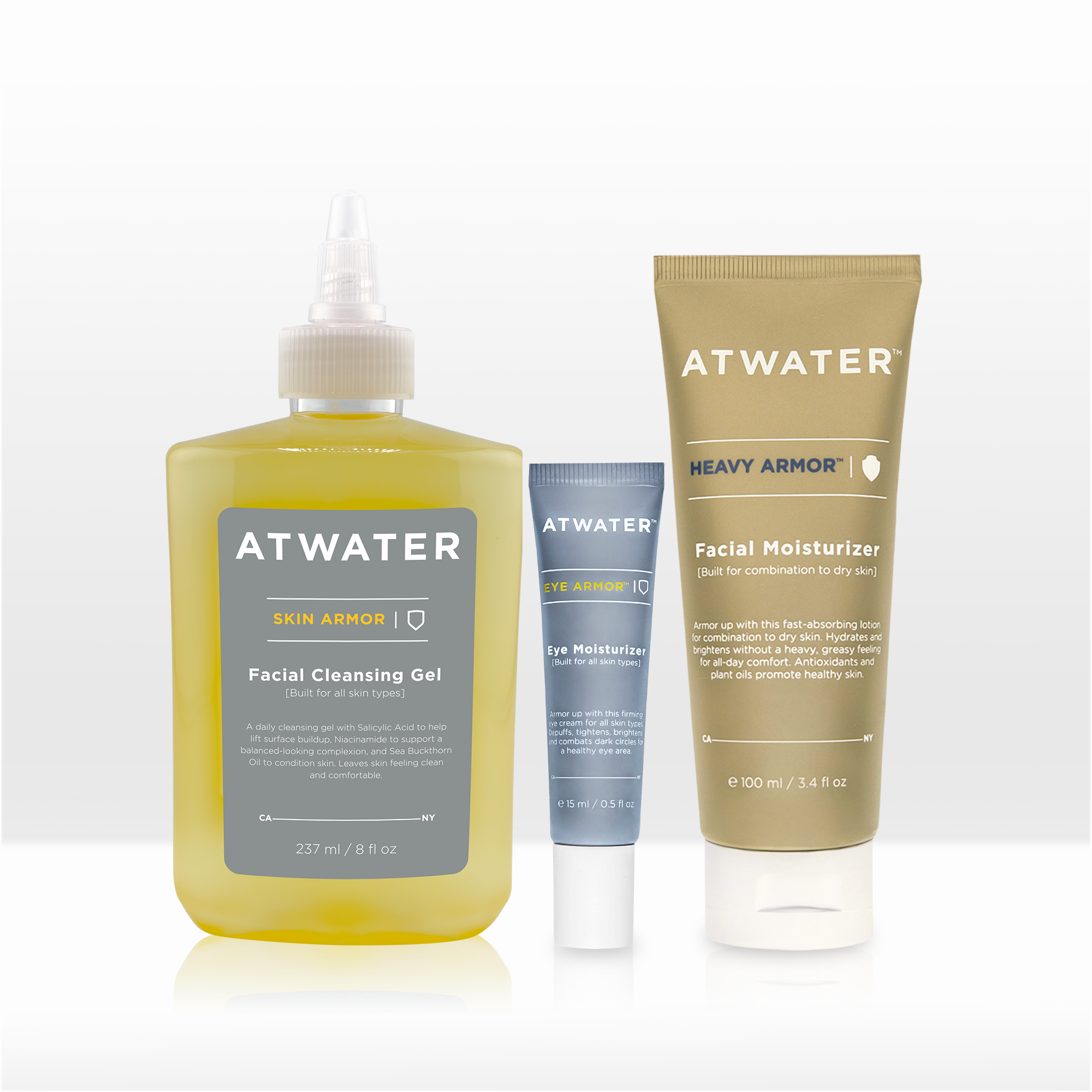 Atwater skincare products including a bottle of facial cleansing gel, a tube of eye cream, and a tube of facial moisturizer on a white background.