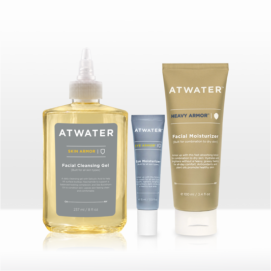 Atwater skincare products including a bottle of facial cleansing gel, a tube of eye cream, and a tube of facial moisturizer on a white background.