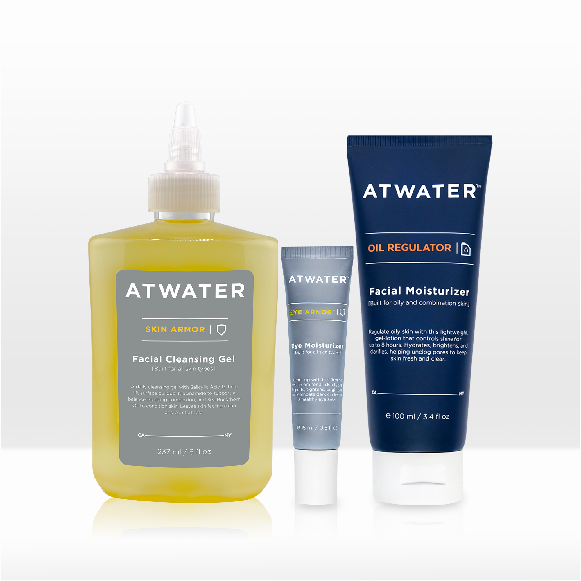 Atwater skincare products including a bottle of facial cleansing gel, a tube of eye moisturizer, and a tube of facial moisturizer on a white background.