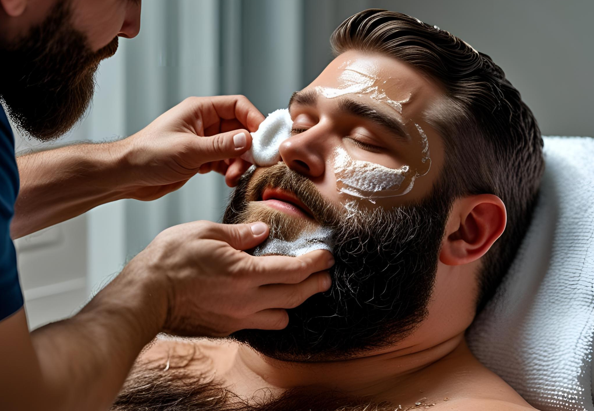 a handsome gay bear getting a facial treatment