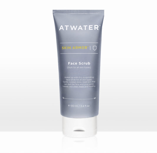 A tube of Atwater Skin Armor Face Scrub Cleanser against a white background.